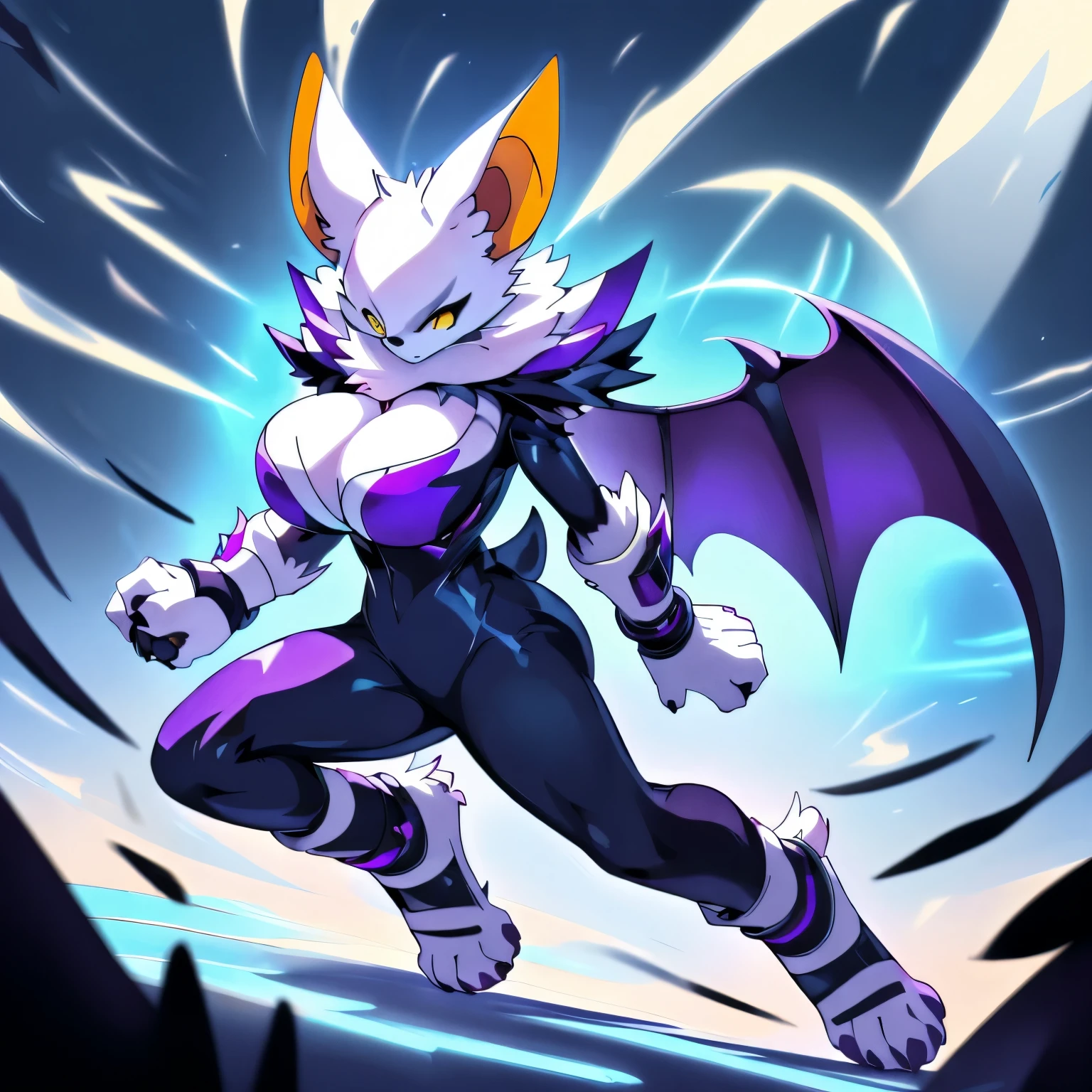 Anime, ((anime style)), ((single person:2)), ((solo drawing:2)), ((solo:2)), ((sfw version:1.5)), ((full body drawing)), ((plush build)), ((wearing a stylized black outfit with neon highlights)), ((action pose)), ((female Anthro bat)), ((Tall with large round breasts)), ((buxom figure)), ((white fur)), ((white bat ears)), ((white face)), ((neutral expression)), vivid yellow eyes, ((digitigrade legs)), highly detailed anime style, clean lines, white face, short white muzzle, white furry cheeks, white furry muzzle, ((white legs)), ((short claws)), ((adult aged)), ((huge bat wings)), ((black and purple bat wings)), ((single pair of wings)), ((white paws)), ((hind paws with 4 toes)), ((digitigrade paws))