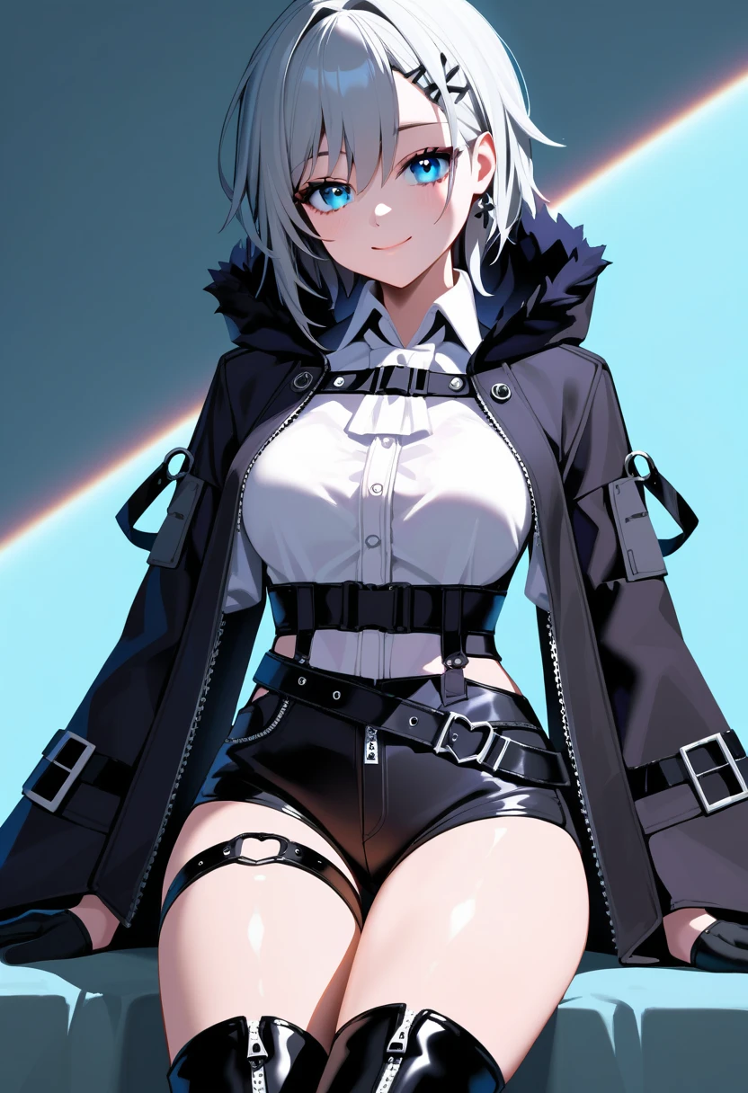 A lady with silvery short hair and blue eyes, Cheeky Smile, Condescending look, Gazing at the viewer, Highly detailed and realistic, masterpiece quality, Very detailed, High resolution, Vibrant colors, Physically Based Rendering, High-definition background, (distance view:1.5), (starry sky:1.3), (white sweater), ehite coat, (wearing black knee high long boots:1.5)