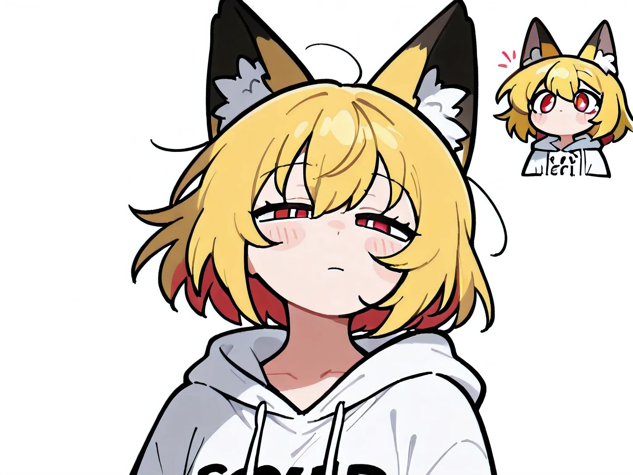 masterpiece,  best quality ,   great quality, up to date, white background ,  on de,Watching viewers、 pretty girl,  short hair、Perm、 yellow hair 、 character design style、 yellow hair 、Red eyes、 white hoodie、 fox ear、 Half Open Eyes 