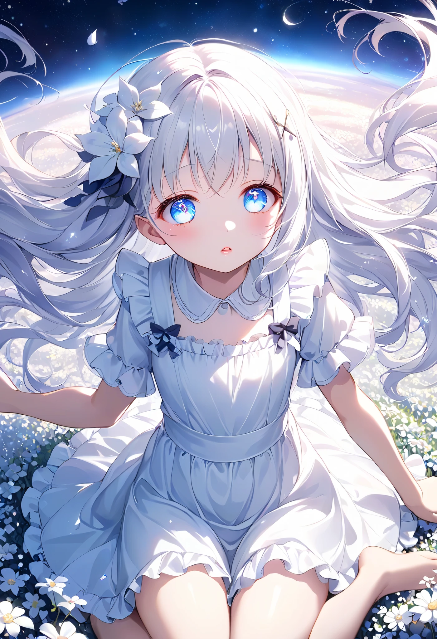 looking at another, Sleepy, Sleepy expression, glazed eyes ,loli,white night, dynamic angle ,Five Fingers,white flower field,Looks like a lot of fun, with lots of movement, curvy ,dynamic pose, sitting , View from above, Very realistic scenery, very detailed ,very delicate hair, long hair ,Overall white retouching, white haired girl, white skin, White eyelashes, white eyebrows, pink lips, slightly red cheeks, white one piece, Sparkling background, junior high school student, fluttering hair ,beautiful light blue eyes, space-like eyes, mystical, fantastical, {looking away}, beautiful, Light particles, light reflections, fine dust sparkles, fantastic shining scenery, very high quality, real retouching,Very cute, young, very delicate touch, beautiful