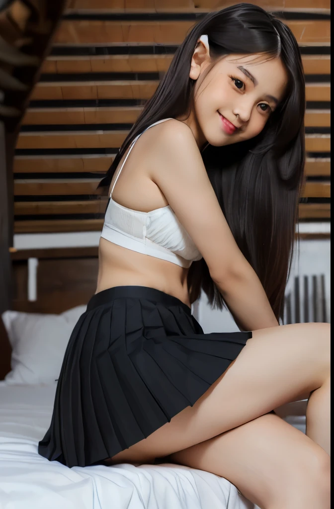 nudism,long bun hair childish young real smile face,beautiful 10yo Japanese, children short body,slim body,sexy,crotch spread legs,high resolution,Sharp focus, crotch near shot,full color,safe,