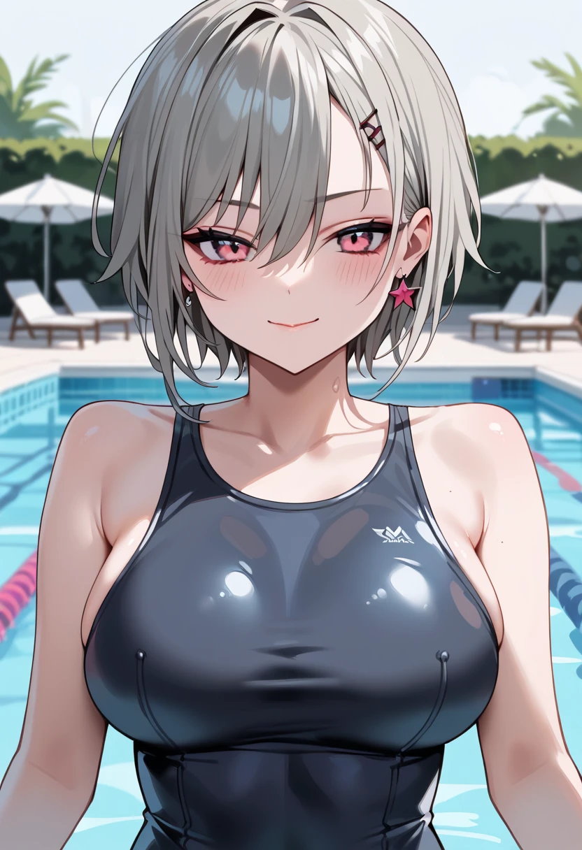 Pikki Fiona, 1 girl, alone, looking at the viewer, gray hair, short hair, hair above one eye, bob cut, black eye, chest, large chest, jewelry, earrings,, No expression、tits、(Glossy competitive swimsuit)、Sweat、troubled face、