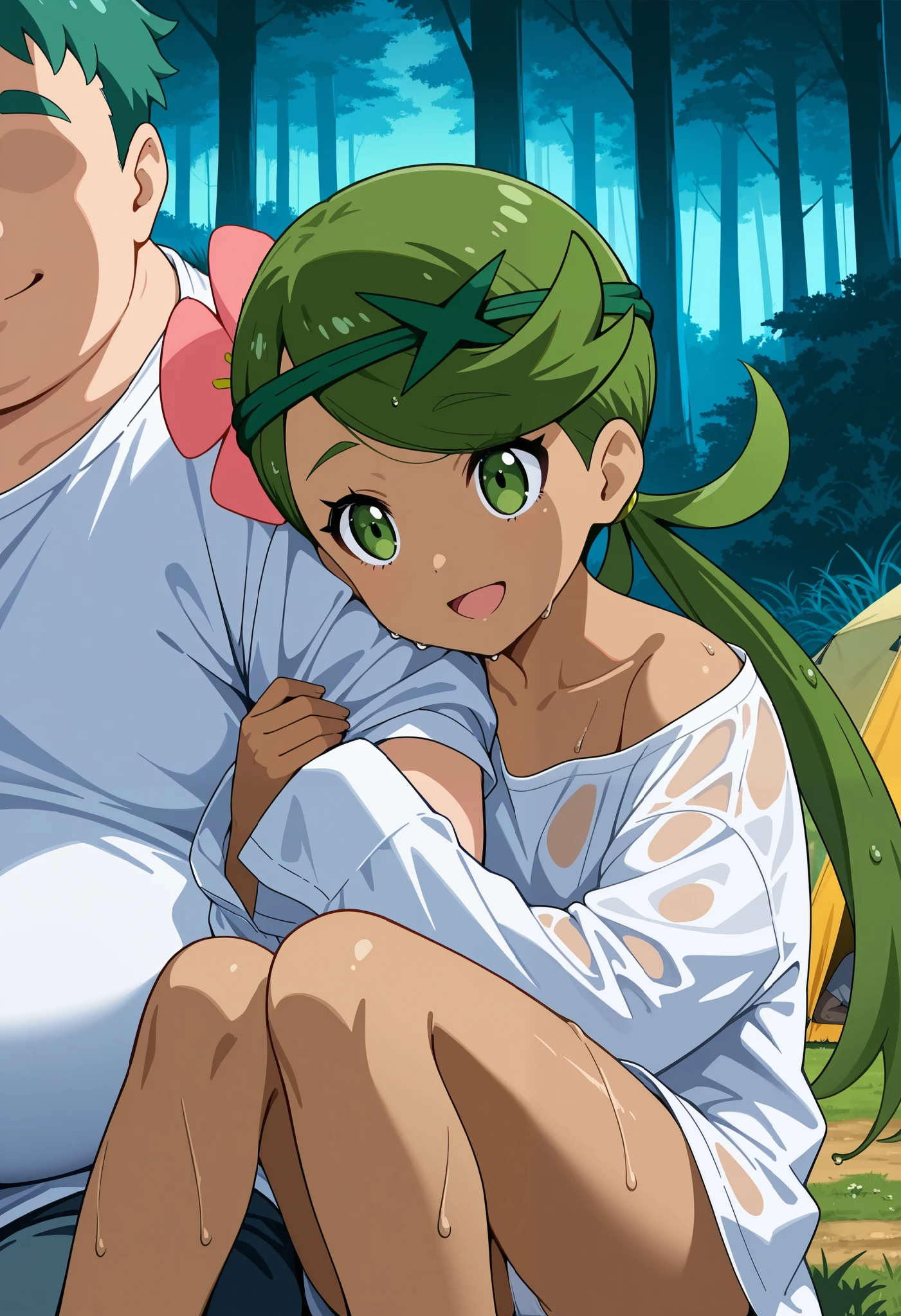 score_9, score_8_up, score_7_up, source_anime, mallow, 1girl, solo, long hair, hair down, bangs, hair ornament, twintails, green eye, flower, green hair, hair flower, dark skin, dark-skinned female, swept bangs, mallow (pokemon), smile, open mouth, looking away, white shirt, oversized shirt, naked shirt, long sleeves(sleeves over hands), white panties, wet hair, wet skin, wet clothes, outdoor, forest, tent, on the floor, grass, sitting, knees bent, hug boy's arm, against boy's body, head on boy's shoulder, 1girl, 1boy (fat man, faceless, sitting from girl's side, arm pov), size difference, larger male. Dutch angle.