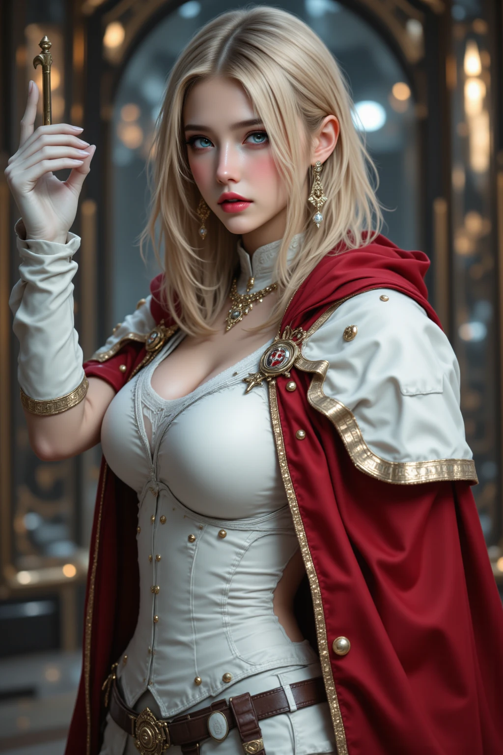 1girl, (blonde parted hair), crown, ([red robe|baroque black dress]:1.3), [red_cape::10],white ([capelet:fur trim:0.4]:1.7) covered on ([fur cloak:queen cape:0.4]:1.5), forehead, sitting, red eyes, corset, bridal gauntlets, throne, updo, [slicked, crown_braid:0.1], [gloves, armor_dress, frilled skirt:0.4], solo,