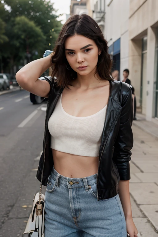 Ava stands confidently against a backdrop of a vibrant city skyline at sunset, exuding elegance and sophistication. She wears a chic ensemble that effortlessly combines high fashion with everyday wear, consisting of a tailored blazer draped over her shoulders, a crisp white blouse tucked into high-waisted denim jeans, and accessorized with oversized sunglasses and statement earrings. Her hair flows in loose waves, and her makeup is minimal yet radiant, accentuating her natural beauty.
In the foreground, a bustling street filled with stylish pedestrians and city lights creates a dynamic backdrop for Ava's poised stance. The warm hues of the sunset cast a soft glow over the scene, adding an aura of glamour and allure to the image.