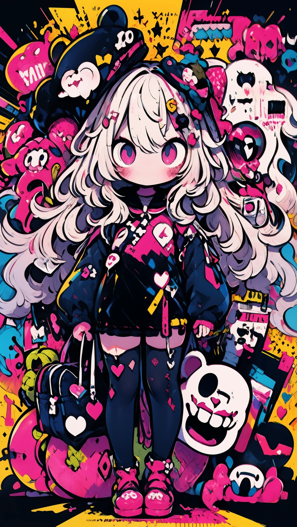 Cute Zombie, colored eyes, pink eyes, pink gold, (goth ta fashion), battle scene, scowl face, masterpiece, best quality, full body shot, ghosts, explosion,