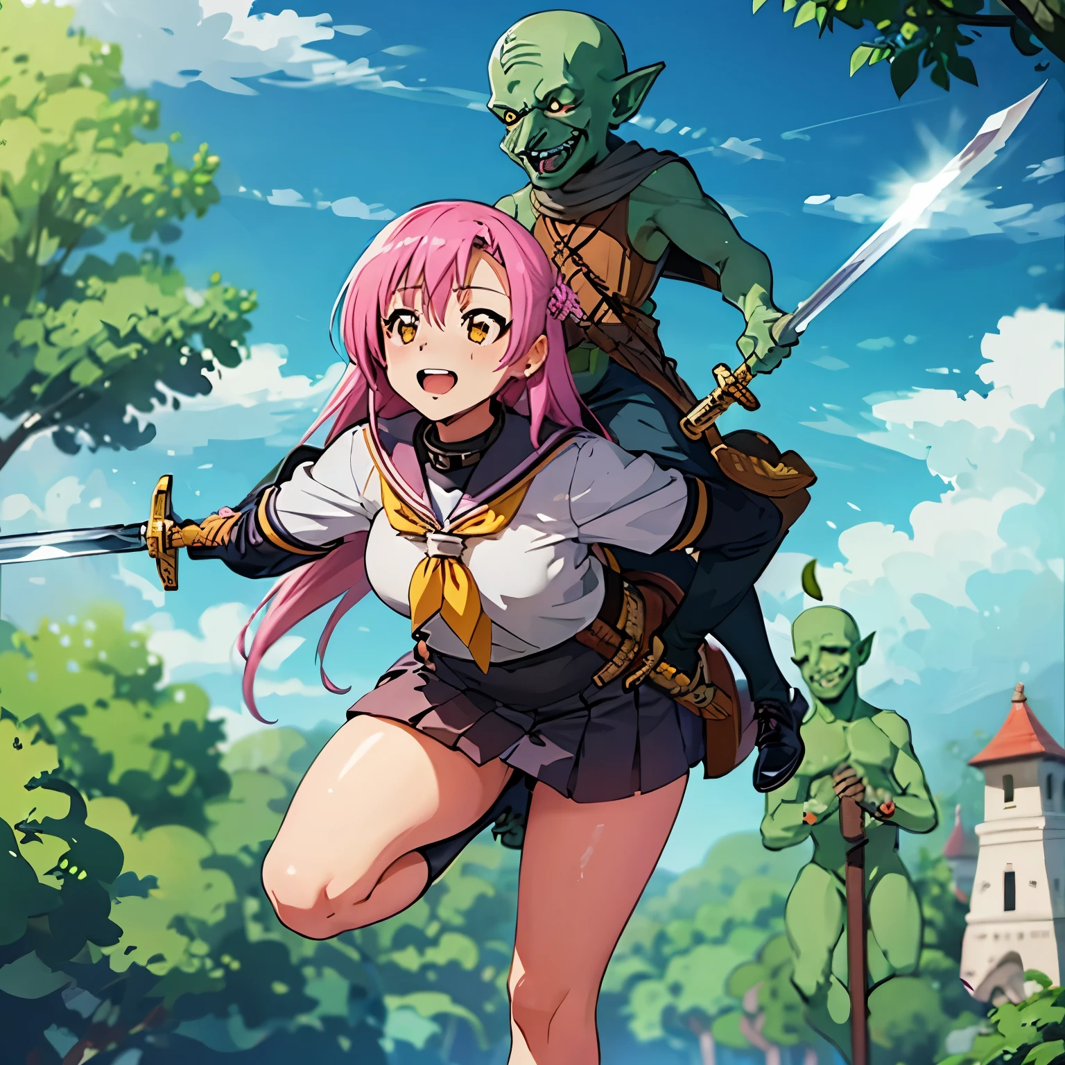 masterpiece, (((goblinriding, a goblin is riding a girl))), goblin, mutiple goblins, goblins, (((all fours))), 1girl, (magical girl:1.1), (nose hook), reins, collar, chain, rope, obey, happy trance, smile, hair ornaments, small breast, expressionless, emotionless, blank eyes, empty eyes, mind control, apocalyptic background, hooded cloak,bodystocking,pink miniskirt,gloves,long boots, tamaki_iroha_puellamagimadokamagicasidestorymagiarecord, pink_hair, pink_eyes, bangs, blunt_bangs, braid, sidelocks, blush, bow, long_hair, Tamaki Iroha, monster, glowing eyes, horror, goblin gangbang