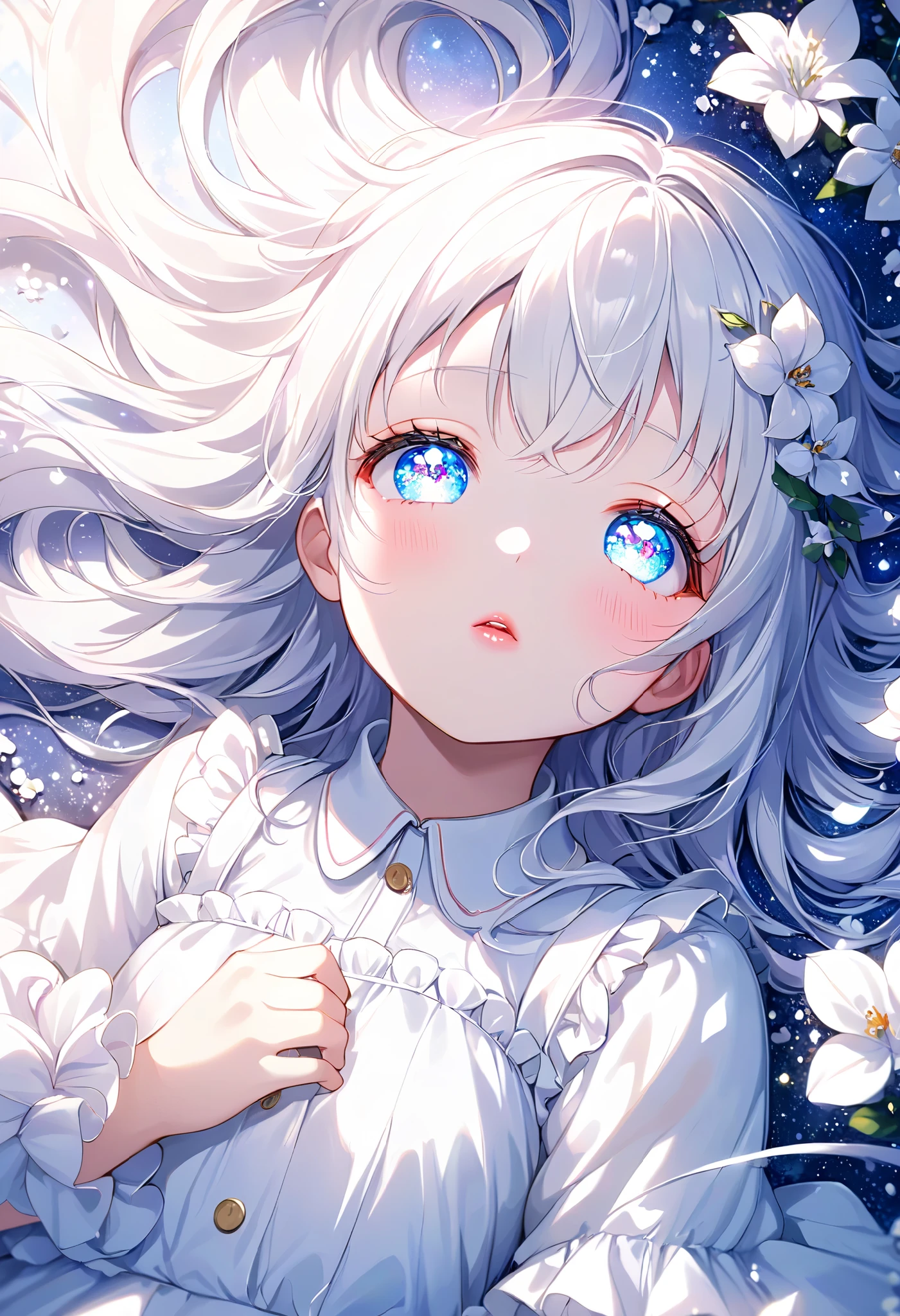 Lying down ,looking at another, Sleepy, Sleepy expression, glazed eyes ,loli,white night, dynamic angle ,Five Fingers,white flower field,Looks like a lot of fun, with lots of movement, curvy ,dynamic pose, sitting , View from above, Very realistic scenery, very detailed ,very delicate hair, long hair ,Overall white retouching, white haired girl, white skin, White eyelashes, white eyebrows, pink lips, slightly red cheeks, white one piece, Sparkling background, , fluttering hair ,beautiful light blue eyes, space-like eyes, mystical, fantastical, {looking away}, beautiful, Light particles, light reflections, fine dust sparkles, fantastic shining scenery, very high quality, real retouching,Very cute, young, very delicate touch, beautiful