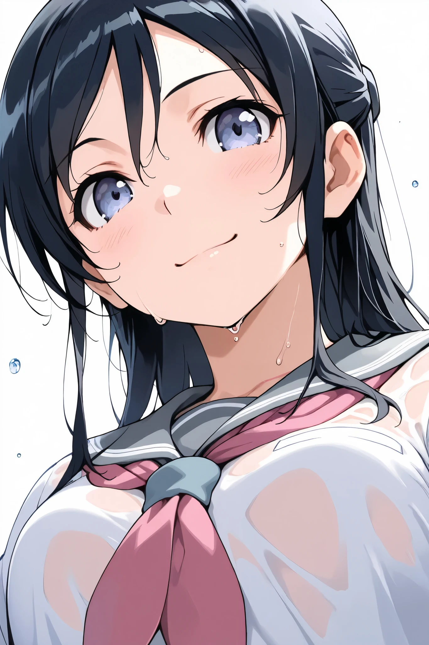 ayase_aragaki,1 female,solo,
extreme close-up under the chest,low angle,smile,I love you so much,

I_,wet black hair,long hair,half updo,hair between eyes,blue eyes,looking at viewer,

school uniform,sailor suits,shirt,white shirt,grey sailor collar,neckerchief,pink neckerchief,

