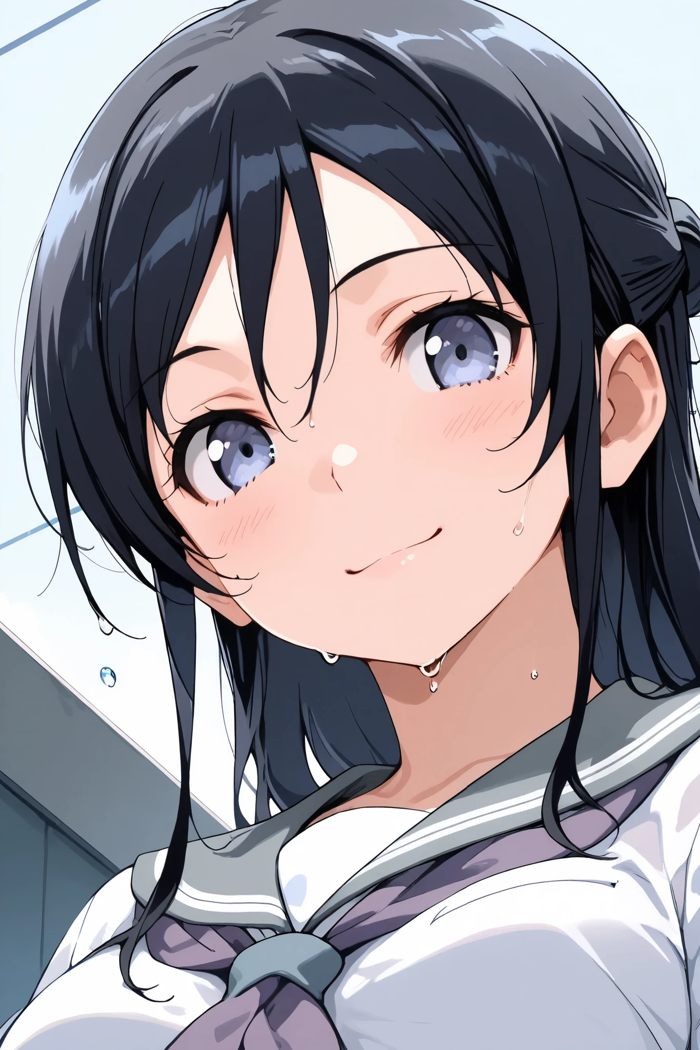 ayase_aragaki,1 female,solo,
extreme close-up under the chest,low angle,smile,I love you so much,

I_,wet black hair,long hair,half updo,hair between eyes,blue eyes,looking at viewer,

school uniform,sailor suits,shirt,white shirt,grey sailor collar,neckerchief,pink neckerchief,
