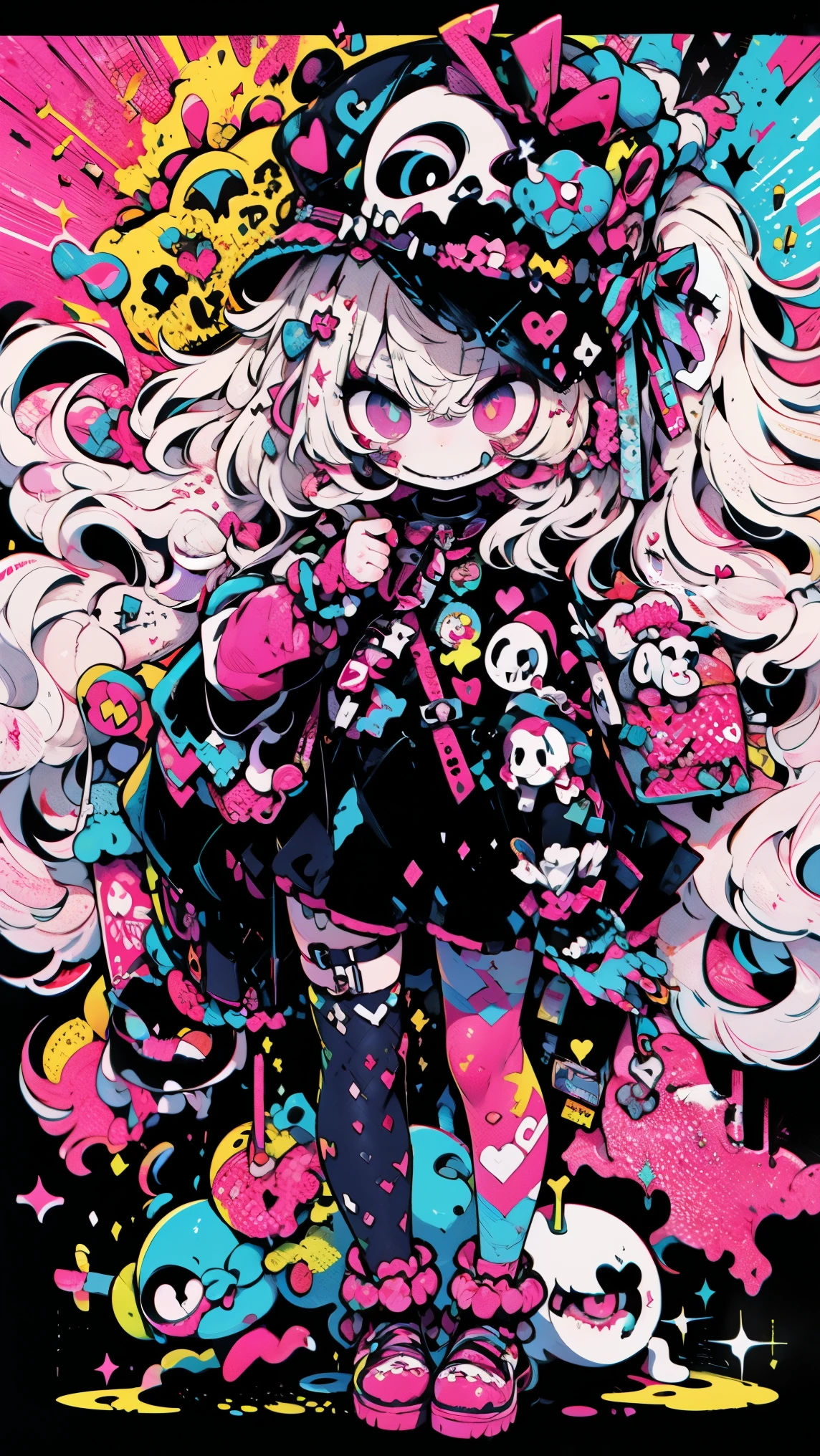 Cute Zombie, colored eyes, pink eyes, pink gold, (goth ta fashion), battle scene, scowl face, masterpiece, best quality, full body shot, ghosts, explosion, sparkle, lightning, fireworks, neonsign,