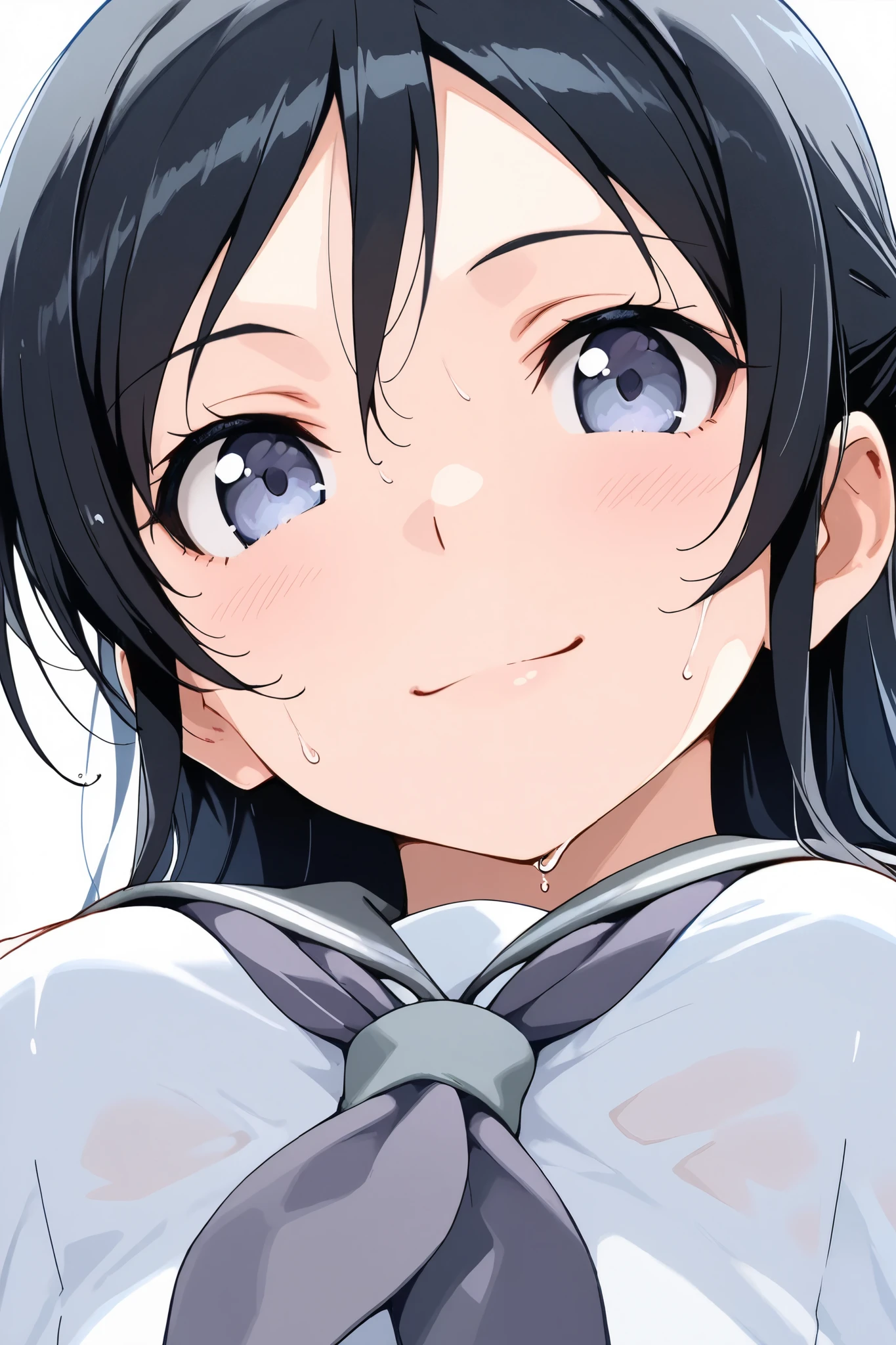 ayase_aragaki,1 female,solo,
extreme close-up under the chest,low angle,smile,I love you so much,
I_,wet black hair,long hair,half updo,hair between eyes,blue eyes,looking at viewer,
school uniform,sailor suits,shirt,white shirt,grey sailor collar,neckerchief,pink neckerchief,