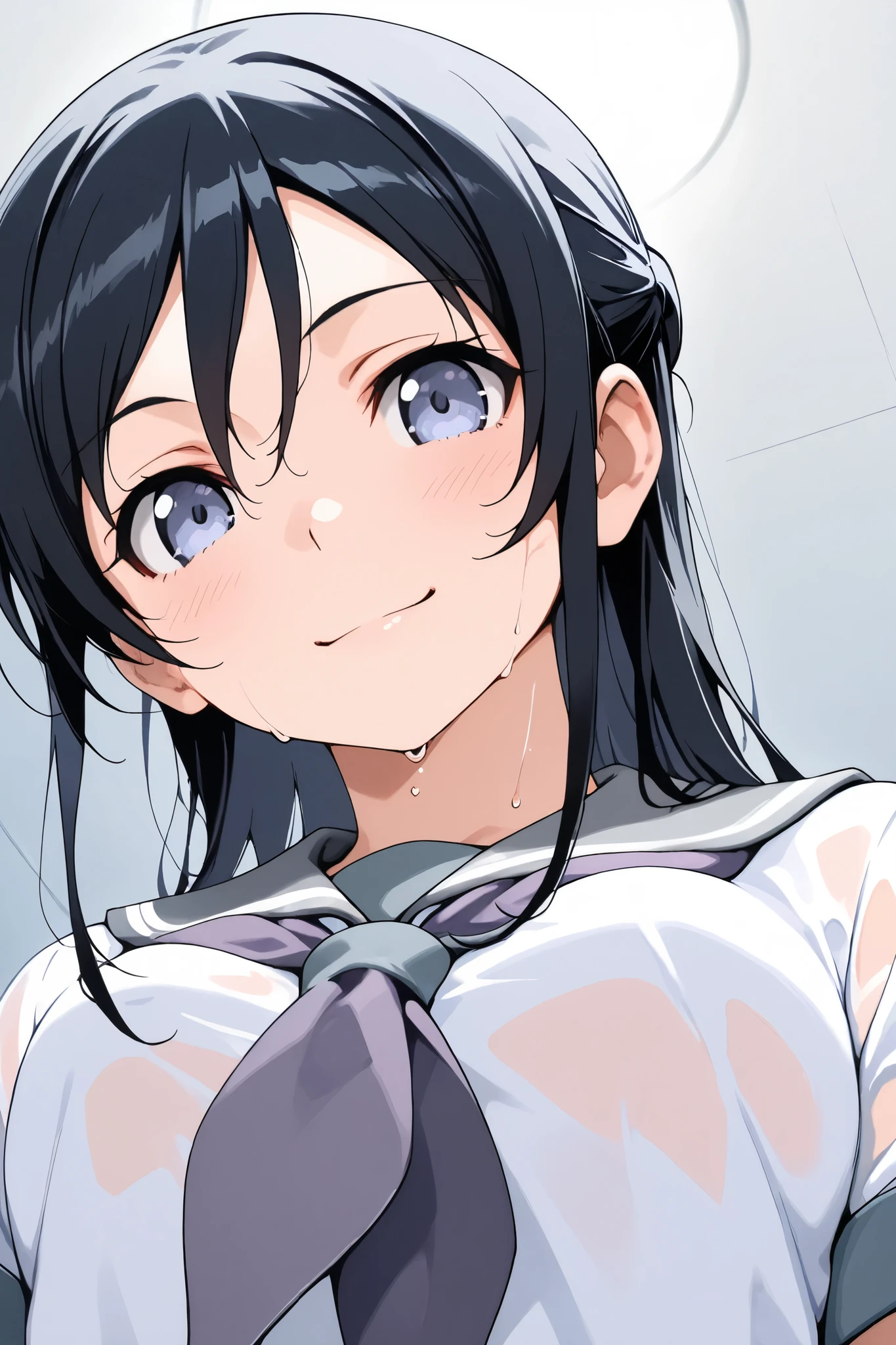ayase_aragaki,1 female,solo,
extreme close-up under the chest,low angle,smile,I love you so much,
I_,wet black hair,long hair,half updo,hair between eyes,blue eyes,looking at viewer,
school uniform,sailor suits,shirt,white shirt,grey sailor collar,neckerchief,pink neckerchief,