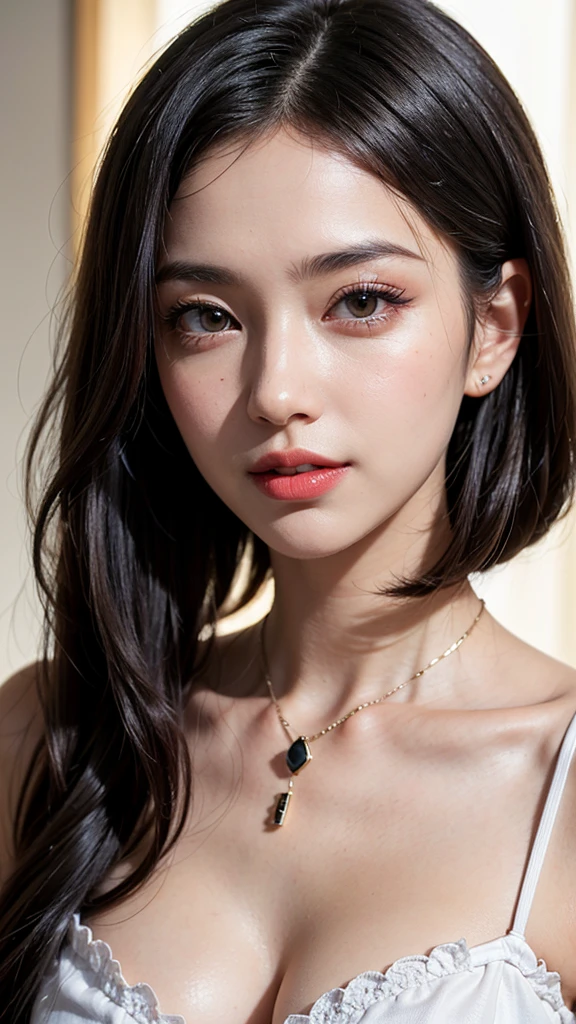 SeaArt Bot Variation 13:44:05 ((masterpiece、top-quality、high-detail))、女の子1人、(Photorealsitic:1.4)、独奏、White background、with a pure white background、closes mouth、Happy smile、Smile happily、pretty black hair、Shorthair、big eye、Distinct double eyelids、Lashes、Put your ears out、long neck、Absolute area、((Face Close-up))、(Cap、Draw all the shoulders)、age19、Attractive proportions、glowy skin、Clean collarbone、The face of the golden ratio、face perfect、Tear mole、Mole on the chest、bangss、Clean bangs、lipgloss、thin lipss、White-colored skin、barechested、large full breasts、Black nightgown