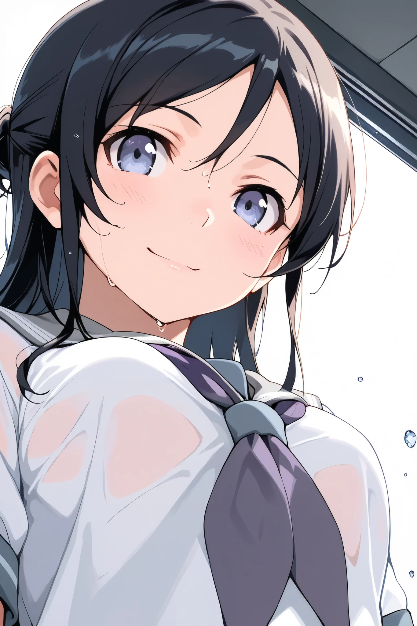 ayase_aragaki,1 female,solo,
extreme close-up under the chest,low angle,smile,I love you so much,
I_,wet black hair,long hair,half updo,hair between eyes,blue eyes,looking at viewer,
school uniform,sailor suits,shirt,white shirt,grey sailor collar,neckerchief,pink neckerchief,