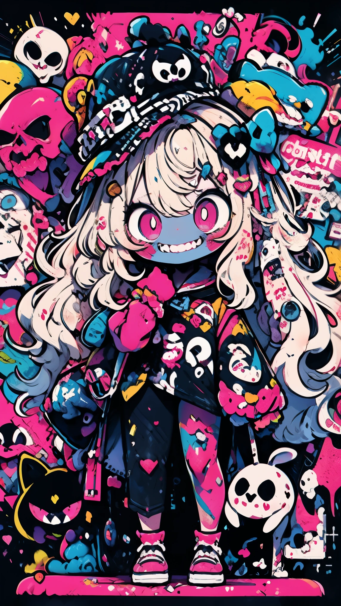 Cute Zombie, colored eyes, pink eyes, pink gold, (goth ta fashion), battle scene, scowl face, masterpiece, best quality, full body shot, ghosts, explosion,