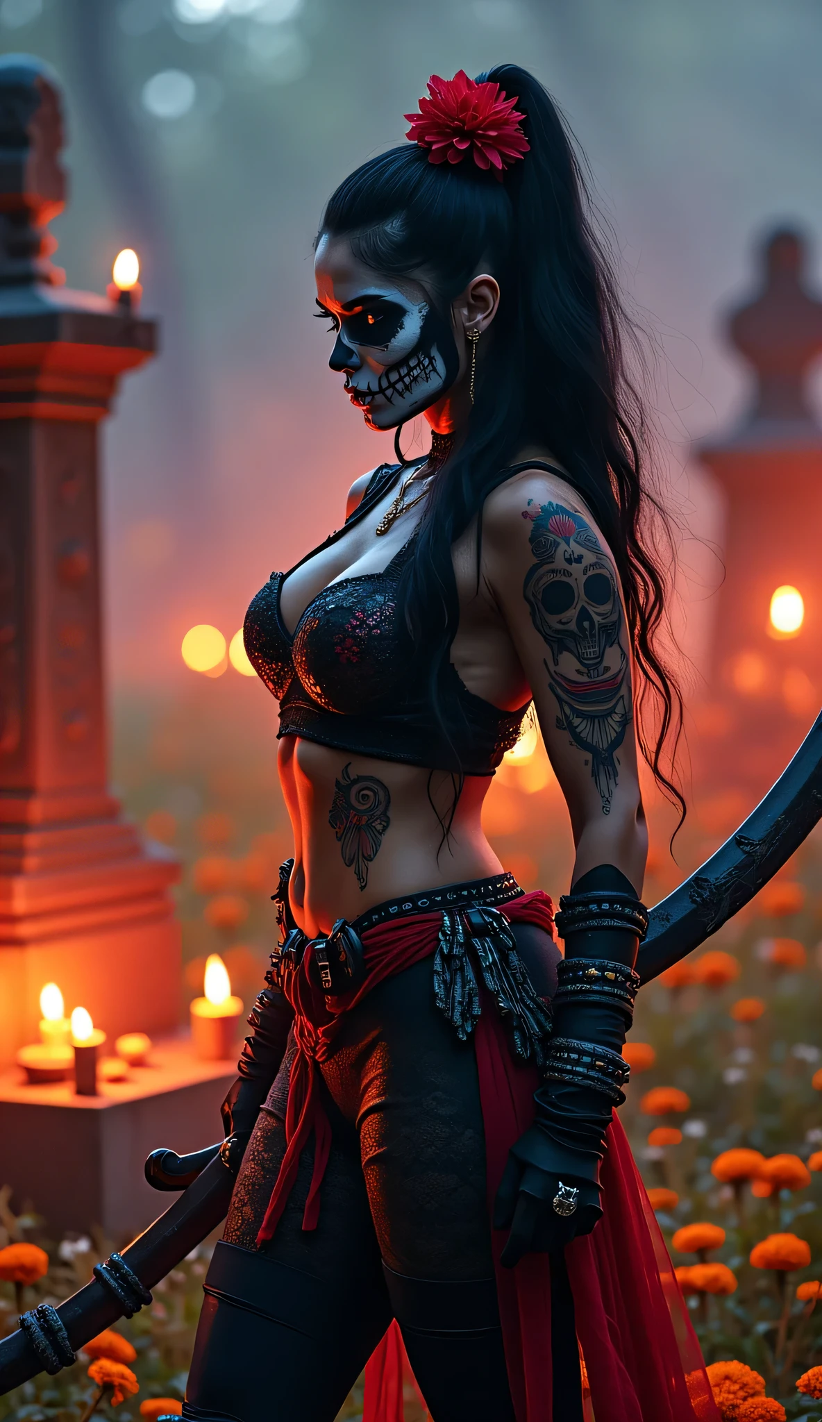 beautiful alluring jenna ortega, tan skin, skeleton bodypaint, day of the dead bodypaint, mexican sugar skull makeup, mexican themed ornaments, night time, day of the dead theme, Ominous Gothic Theme, inside a beautiful flower garden, mexican ornate vest and pants, exposed breasts, Fiverr Dnd Character, Octane Render, Digital Art, Extreme Detail, 4k, Ultra Hd, Polished, Beautiful, Hyperdetailed, Intricate, Elaborate, Meticulous, Photorealistic, Sharp Focus, Wlop, Character Design, Unreal Engine, 3d Rendered, Volumetric Lighting, Reflections, Glossy, Digital Illustration, Pose, Suggestive Pose, Lewd, Full Body Shot, anatomically correct, visible nipples, puffy vagina, small perky breasts 💖❤💕💋❣