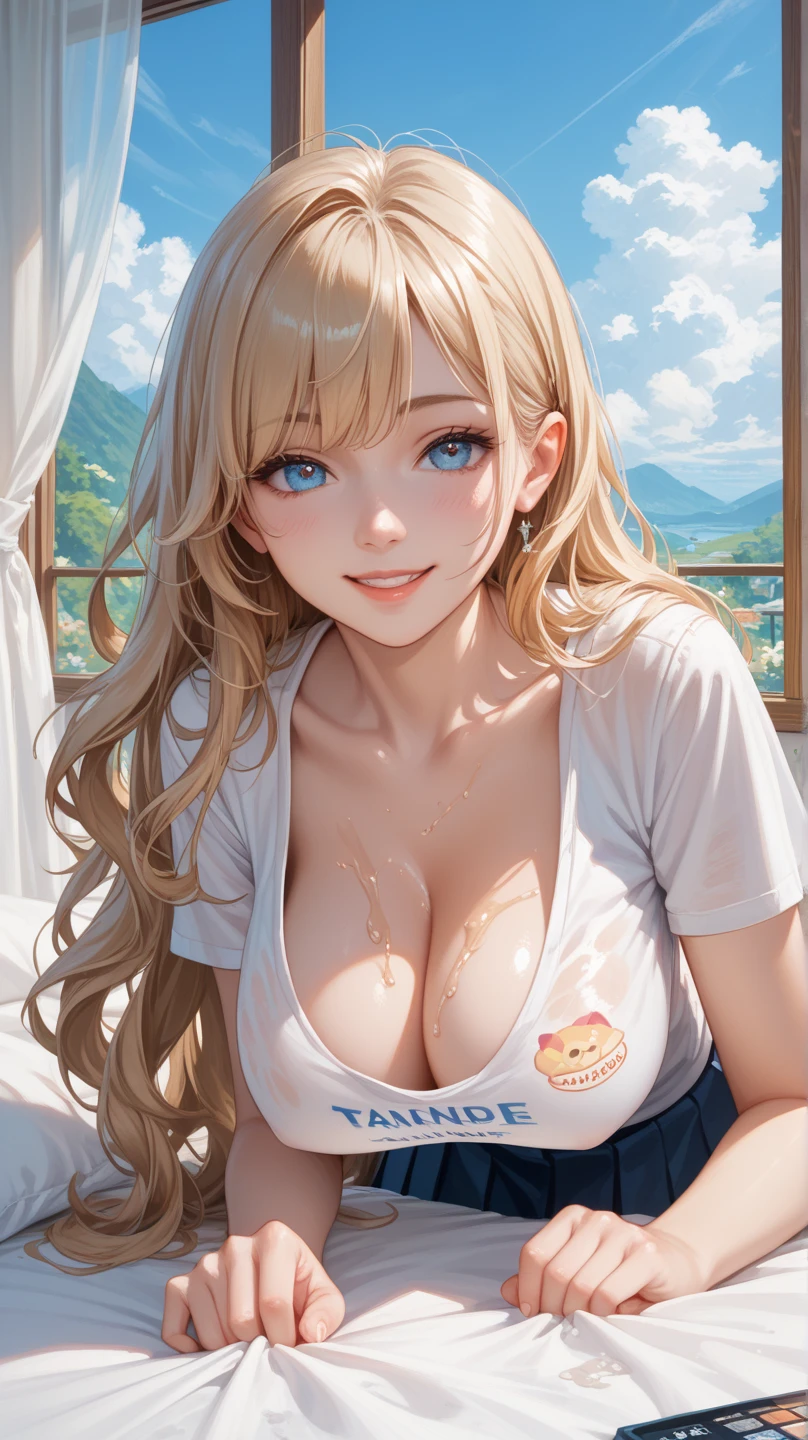 (Highest quality, High resolution,  Masterpiece, 4K), (Soft light、Luster of hair、Beautiful eyes)、young woman、The whole body is visible、Adorable smile、 ((Wavy long hair, bangs, Light-colored hair)), ((Wistful eyes、Gray Eyes, Perfect Eyes)), ((Detailed face, blush:1.1)), ((Smooth texture:0.75, Realistic texture:0.65, Realistic:1.1, Anime CG Style)),Large Breasts、valley、Captivating body、(Sexy T-shirts、Sexy Hot Pants、I can see your attractive thighs), Beautiful necklace、Cute Earrings、Coming down the big stairs in the park、Walk along the tree-lined avenue、Strong sunlight、Brush your hair up、Smiling and showing off your chest、Angle from above++