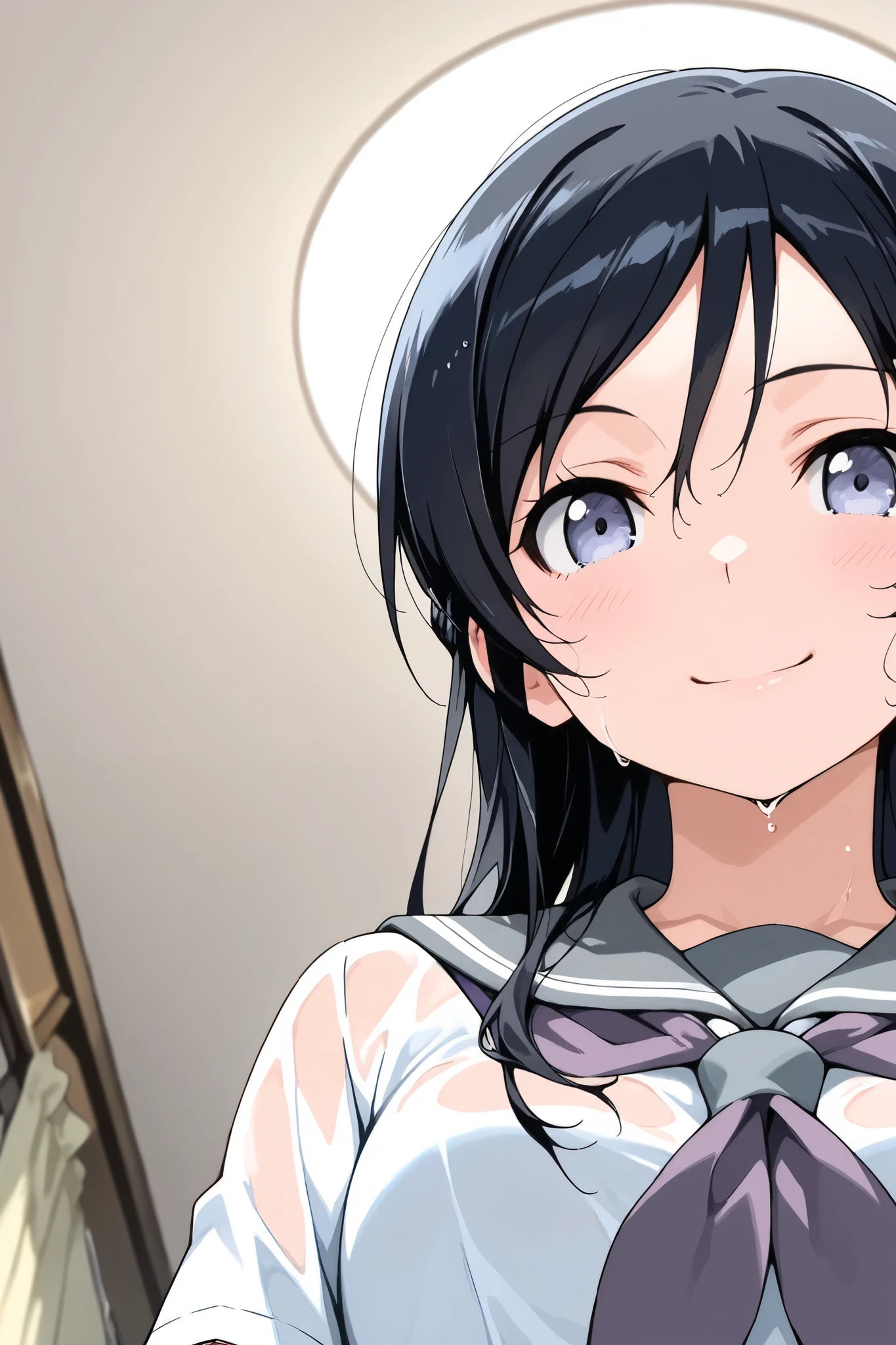 ayase_aragaki,1 female,solo,
extreme close-up under the chest,low angle,smile,I love you so much,
I_,wet black hair,long hair,half updo,hair between eyes,blue eyes,looking at viewer,
school uniform,sailor suits,shirt,white shirt,grey sailor collar,neckerchief,pink neckerchief,