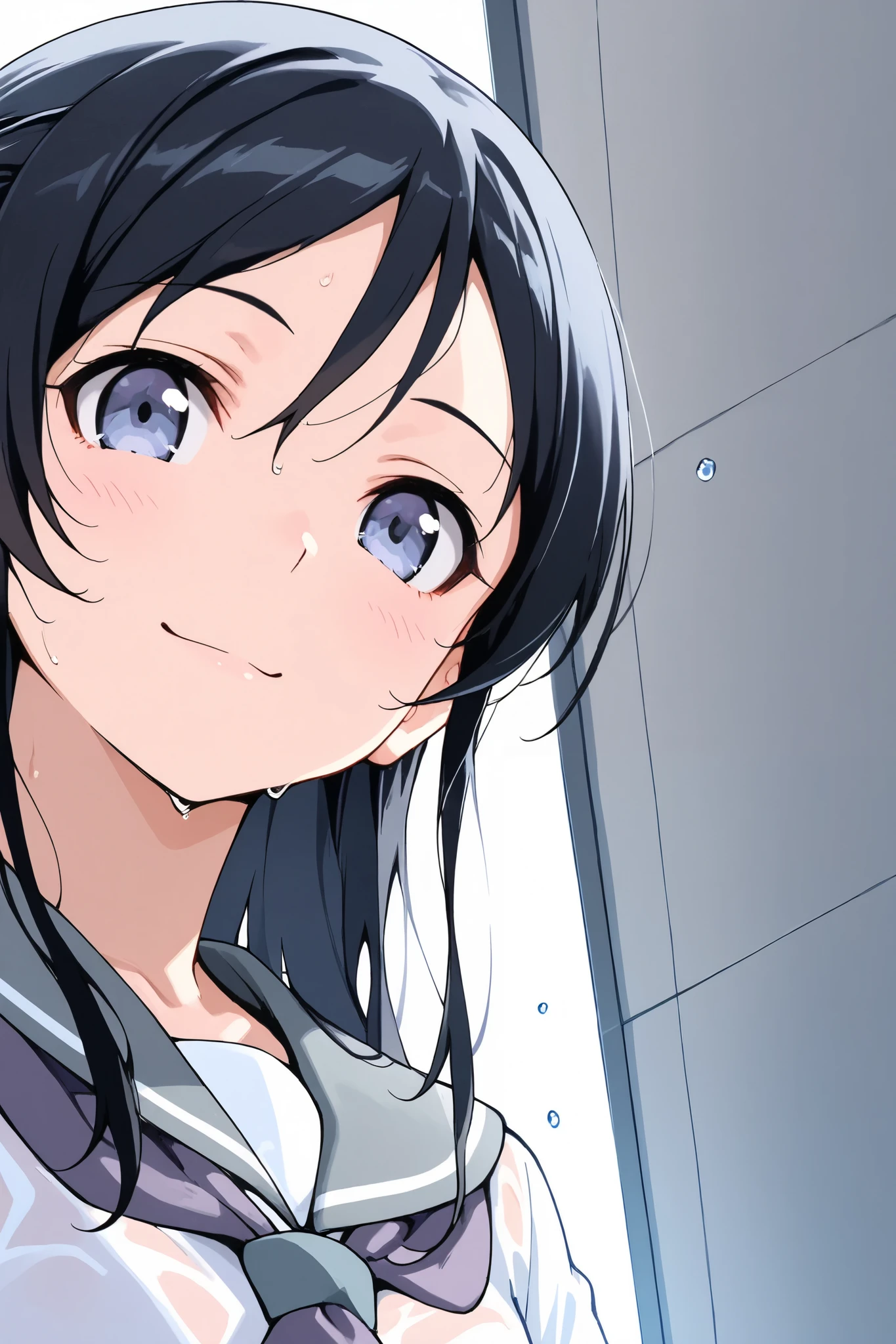 ayase_aragaki,1 female,solo,
extreme close-up under the chest,low angle,smile,I love you so much,

I_,wet black hair,long hair,half updo,hair between eyes,blue eyes,looking at viewer,

school uniform,sailor suits,shirt,white shirt,grey sailor collar,neckerchief,pink neckerchief,
