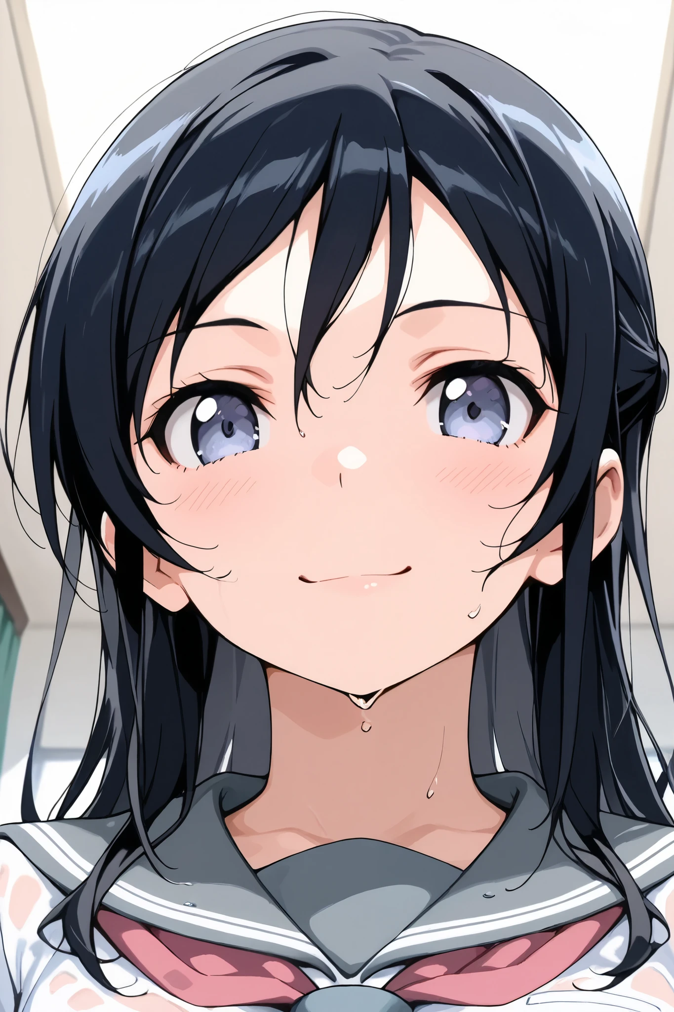 ayase_aragaki,1 female,solo,
extreme close-up under the chest,low angle,smile,I love you so much,
I_,wet black hair,long hair,half updo,hair between eyes,blue eyes,looking at viewer,
school uniform,sailor suits,shirt,white shirt,grey sailor collar,neckerchief,pink neckerchief,