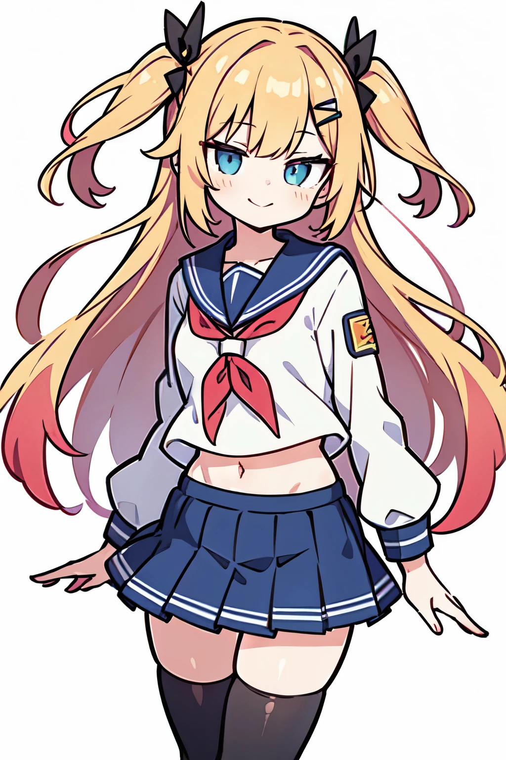 (masterpiece, best quality, high resolution), high contrastion, high saturation, 2D anime style, vivid color, 1 girl, solo, smirk, gyaru, hair ornament, earrings, short school uniform, bare navel, micro skirt, fleshy legs, stockings, porcelain skin, standing, cowboy shot, no background, white background