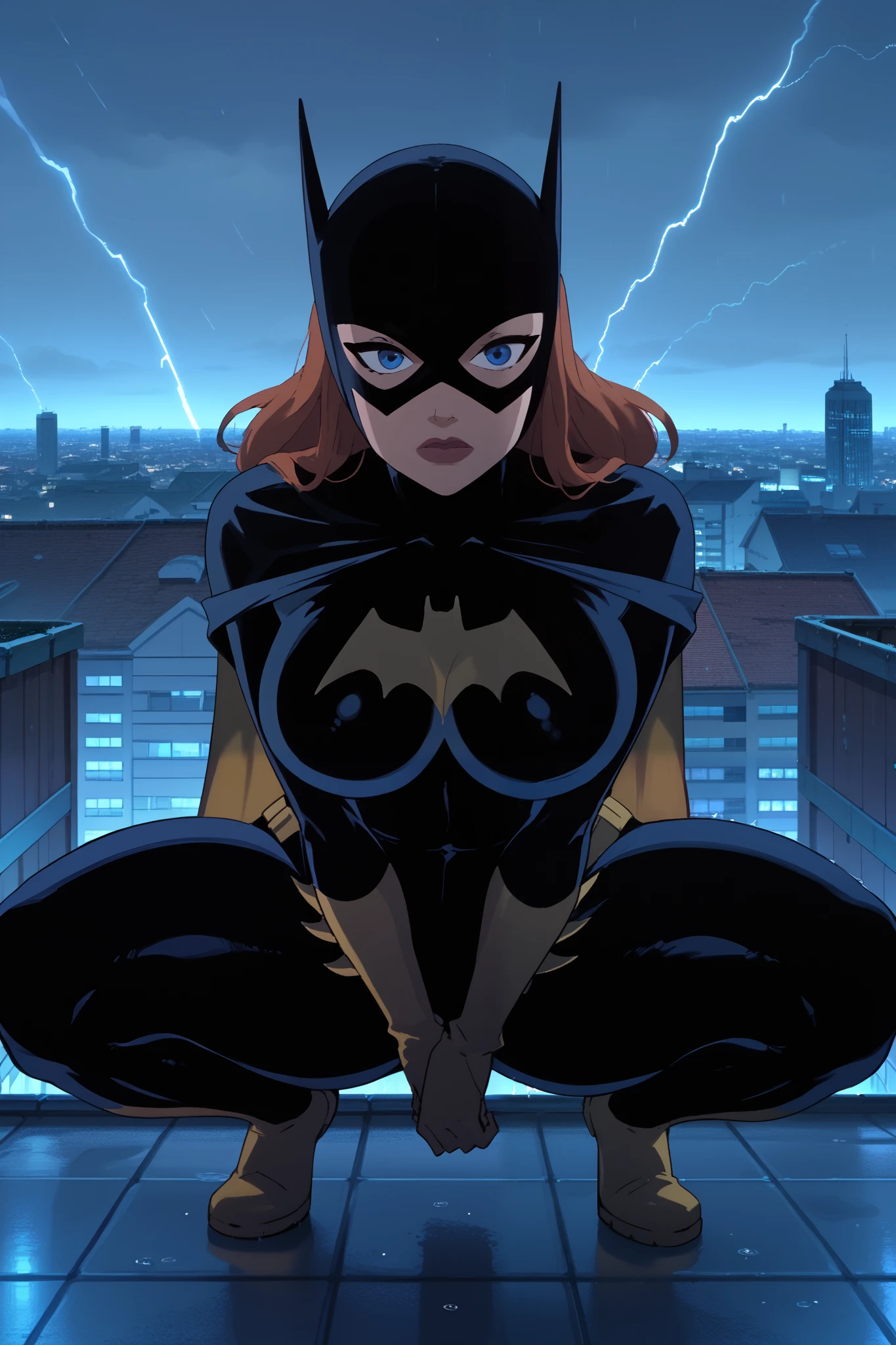 Full indoor shot of a digital rendering or graphic of Batgirl seated in a futuristic, armchair-like contraption.


Batgirl, dressed in her black and yellow costume, is seated in a gray and dark-gray ergonomic-looking chair. Her costume, with its black bodysuit and yellow accents, is tight-fitting and form-fitting. She wears a helmet with glowing green accents.  Her hands are visible, and she is restrained with what appear to be metallic cuffs. The cuffs are secured around her ankles with chain-link.


The chair is a stylized design, with curved and rounded edges and a slightly reclined posture for the sitter.  The chair is partially enclosed and appears to be of a futuristic or experimental nature.


The room is futuristic and technologically advanced, with a large monitor displaying complex, digital data. The walls are a neutral gray color, combining matte and metallic finishes. A red target-like sign is posted on a stand. Other futuristic instruments and controls are scattered around the room's periphery. 


The overall impression is of a science fiction or comic book setting, possibly a laboratory or experimental facility dealing with Batgirl.