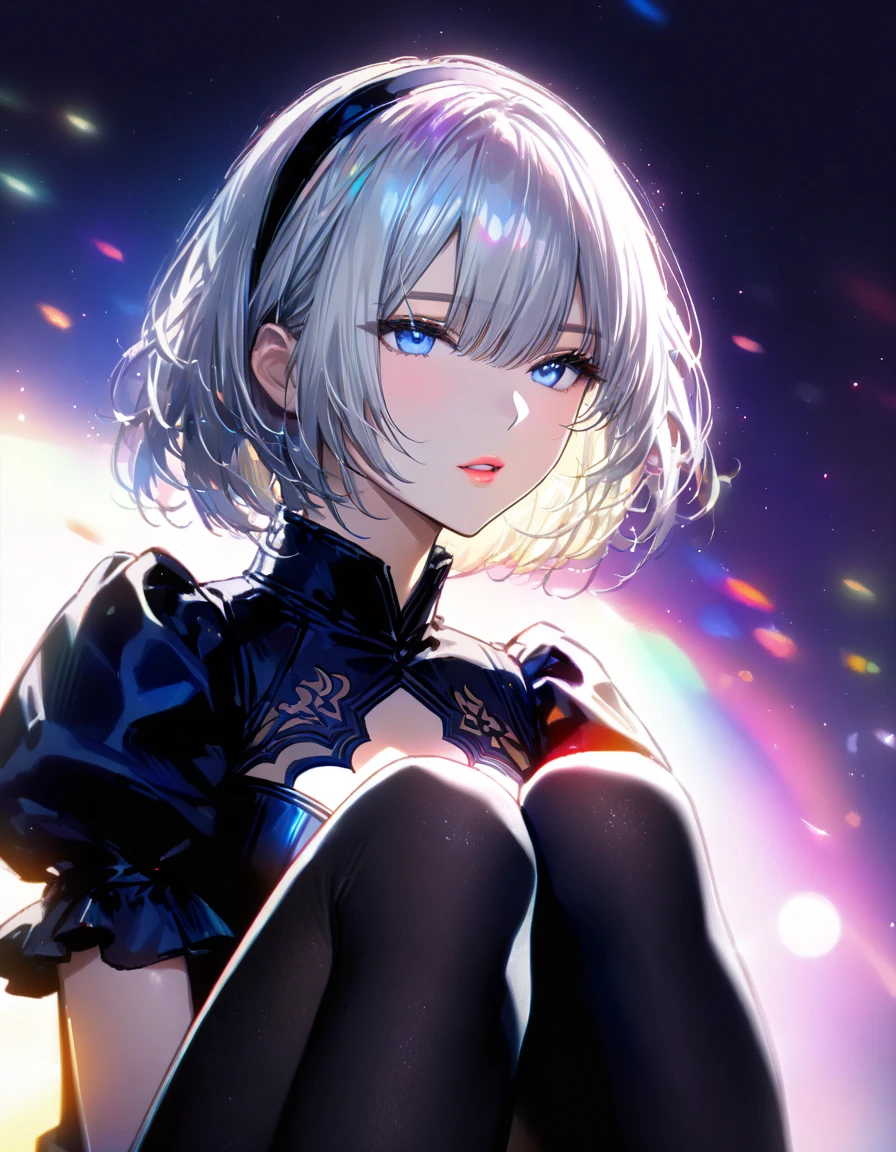 (masterpiece:1.3), top quality, official art, super detailed, looking at viewer, face focus, close up, 1girl, 18 years old, elegant black dress, frill skirt, gloves, beautiful hair, white hair, bob cut, blue eyes, beautiful eyes,thin pink lips, knee high boots, backlight, cinematic lighting, big tits, modesty, melancholy face, bangs, simple black catsuit, hair blowing in the wind