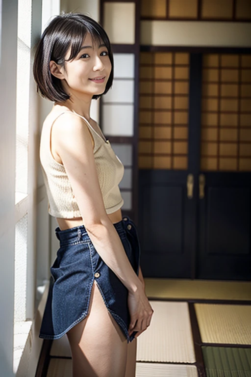 (masterpiece, highest quality), japanese mature, (alone), 60 years old, (wrinkles around the eyes:1.45), big breasts, mature woman, Glamour, Sexy, pure white skin, looking at the viewer、super big breasts、(long hair)、small diamond necklace、earrings、(((Detailed white knit off shoulder, denim tight skirt)))、high heels、smile、Public place、cross your legs、sit on a chair、full body photo、