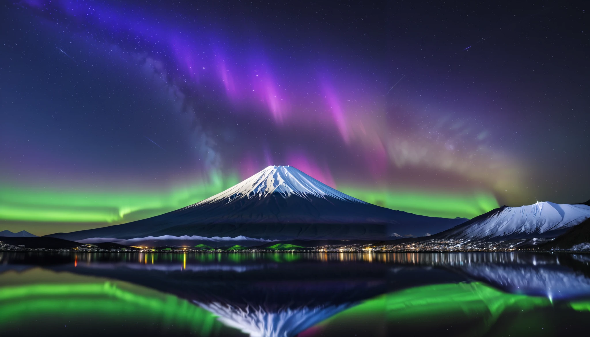  in ultra high quality, high definition , High Quality ,Spectacular views,(とてもThe giant Mt. Fuji up), the giant and realistic Milky Way galaxy that dazzles the night sky , sky full of stars,(The giant Mt. Fuji up),(Green and purple auroras ),An unbelievable number of stars々The brilliance,(A majestic, bright Milky Way star on a vast glacier々and the auroras shine are reflected )、(( the huge Mt. Fuji that rises in the center )),((The huge and majestic Mt. Fuji))、The glacier extends to the horizon 、 Jagged ice layers and snow-covered mountain peaks 、 reflects the colorful light above 。 BREAK The stars twinkle in the dark and clear sky 、 The surrounding landscape is wrapped in the surreal glow of the Milky Way 、 creates a mysterious atmosphere 。 BREAK The cool and clear air adds color to the landscape 、 snow shines in the milky way and the gentle light of auroras、 This frozen wilderness is so calm that it seems unearthly。An unbelievable amount of stars々,I can see lots of meteor showers ,