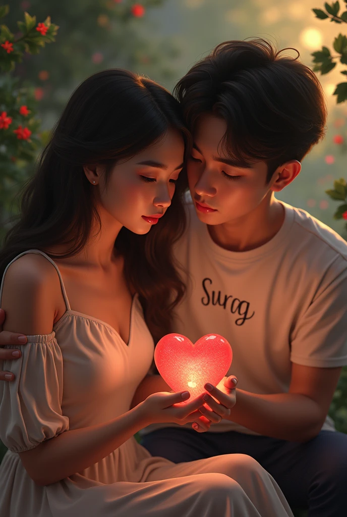 An image about a beautiful man holding a glowing beautiful heart and a beautiful girl holding an empty heart