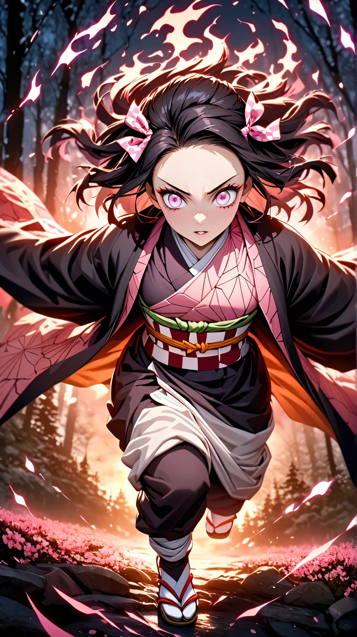 symmetrical,absurd, highres, ultra detailed , HDR, masterpiece , extremely detailed face and purple eyes, Nezuko Kamado, Kimetsu no Yaiba, Alone, woman, handsome , epic battle scene , glowing glitter , , Flame effect , flame aura effect , artfully detailed, upper body , 1Girl, Hitonetsuko, pink Kimono, Haori, sandals , checkered ribbon , hair bow, Pink eyes, Cherry blossom and forest background,