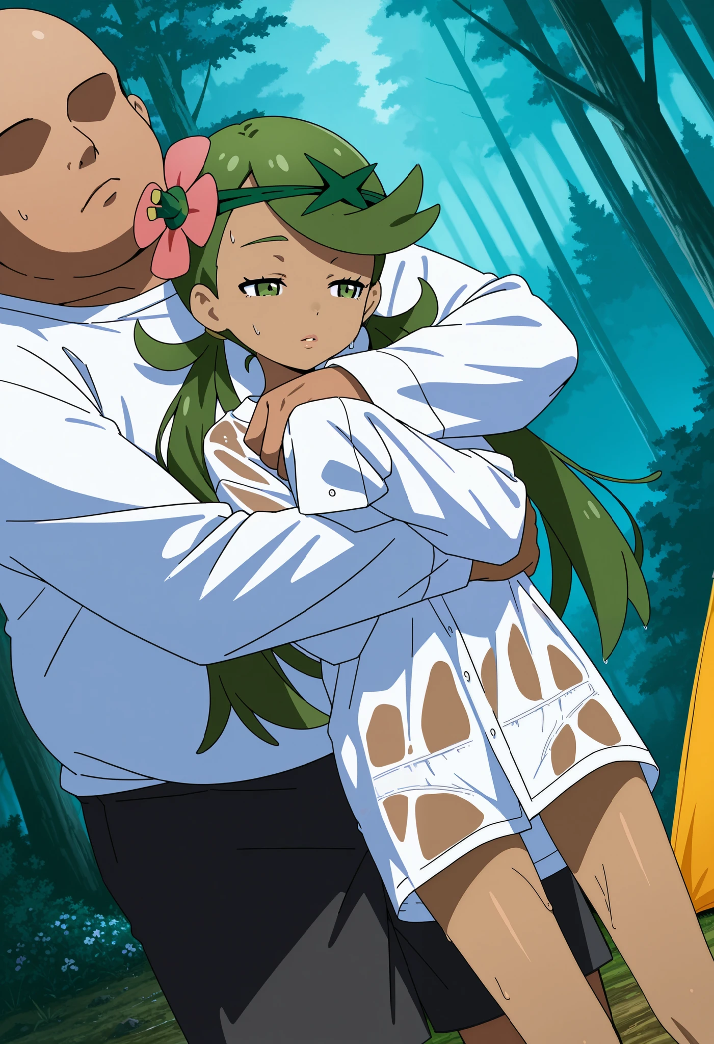 A tanned-skinned anime girl lies despondently on the ground, her hand cradling her abdomen in agony. Her fabric revealing the faint outlines of her ribs. Long sun-kissed locks cascade around her face, concealing it from view. Her despairing expression, etched with lines of hunger and suffering, speaks of a life devoid of sustenance. The sunlight filters through the foliage above, bathing her emaciated figure in a warm, golden glow that accentuates the definition of her bones. She is wearing bikini top that covers her busts and a long skirt, leaving little to the imagination, she lying down on the forest floor with her eyes closed in immense pain and suffering from hunger