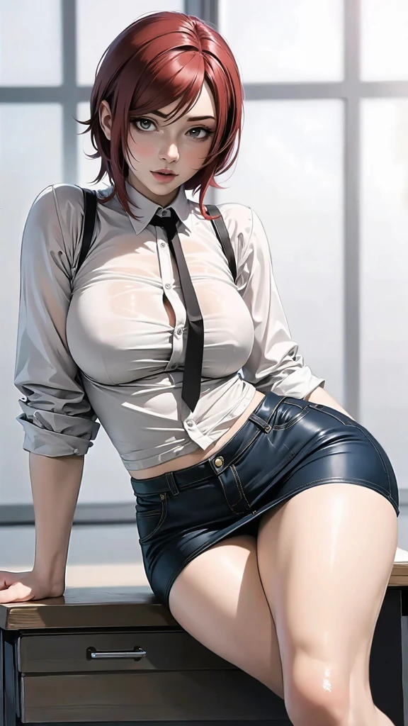 (masterpiece, Highest quality:1.2), alone, One girl, Redhead, Yellow Eyes, hand,, Unbuttoned collared shirt, On the chest, lots of, Unbuttoned black pants, Wide Hips,