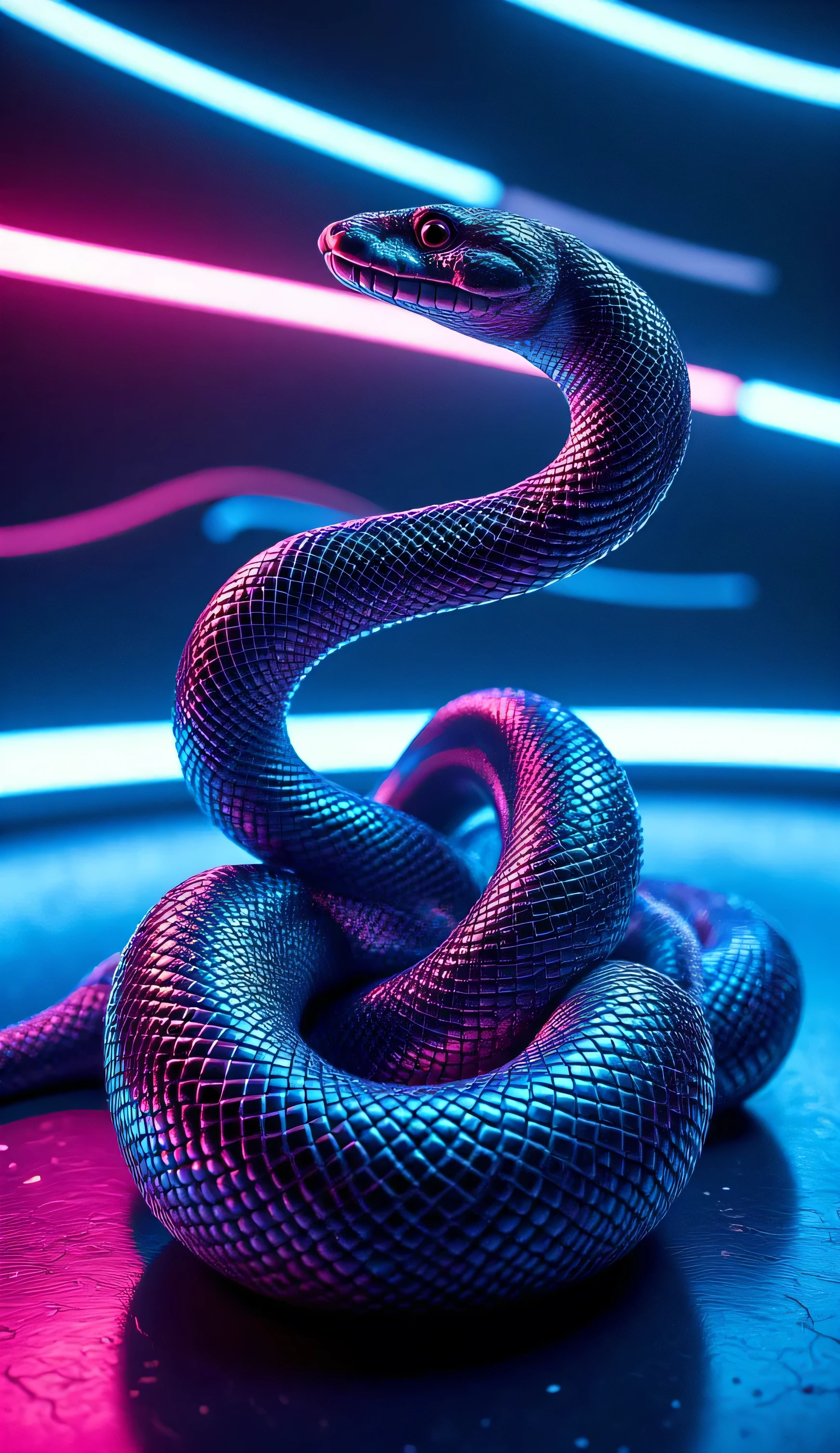 A close-up of a snake's body, illuminated by vibrant neon lights in colors like blue, pink, and purple. The蜿蜒彎曲的姿態 is accentuated by the dramatic lighting, creating a futuristic and artistic look. The scales reflect the neon glow, adding a mesmerizing texture. The background is dark, with subtle light trails to enhance the dynamic feel. Perfect for design projects, festive themes, and celebrating the Year of the Snake.
