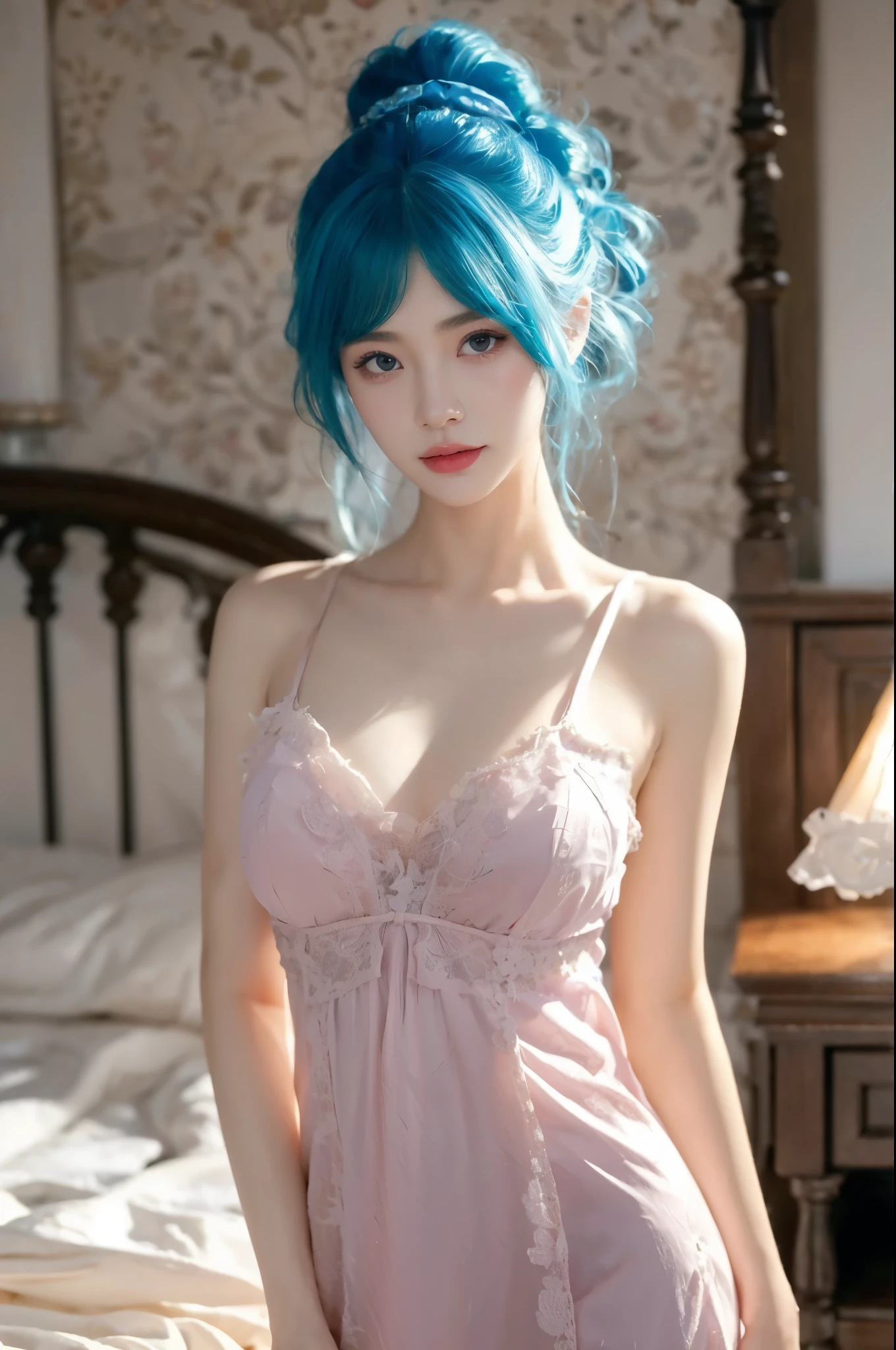 (Masterpiece, Best Quality, Photorealistic, High Resolution, 8K Raw), Looking At Viewer, Upper Body, Light, 1 Girl, Solo, Beautiful Young Girl, 18 Years Old, Short Hair, (Blue Hair), Big Breasts, {chapayev_azurlane:1.15}, cleavage, hair ornament, choker, dress, hairband, lace trimmed dress, official alternate costume, white choker, white hairband, lace trim, white dress, earrings, jewelry, see-through dress, nightgown, see-through, sitting in the bedroom