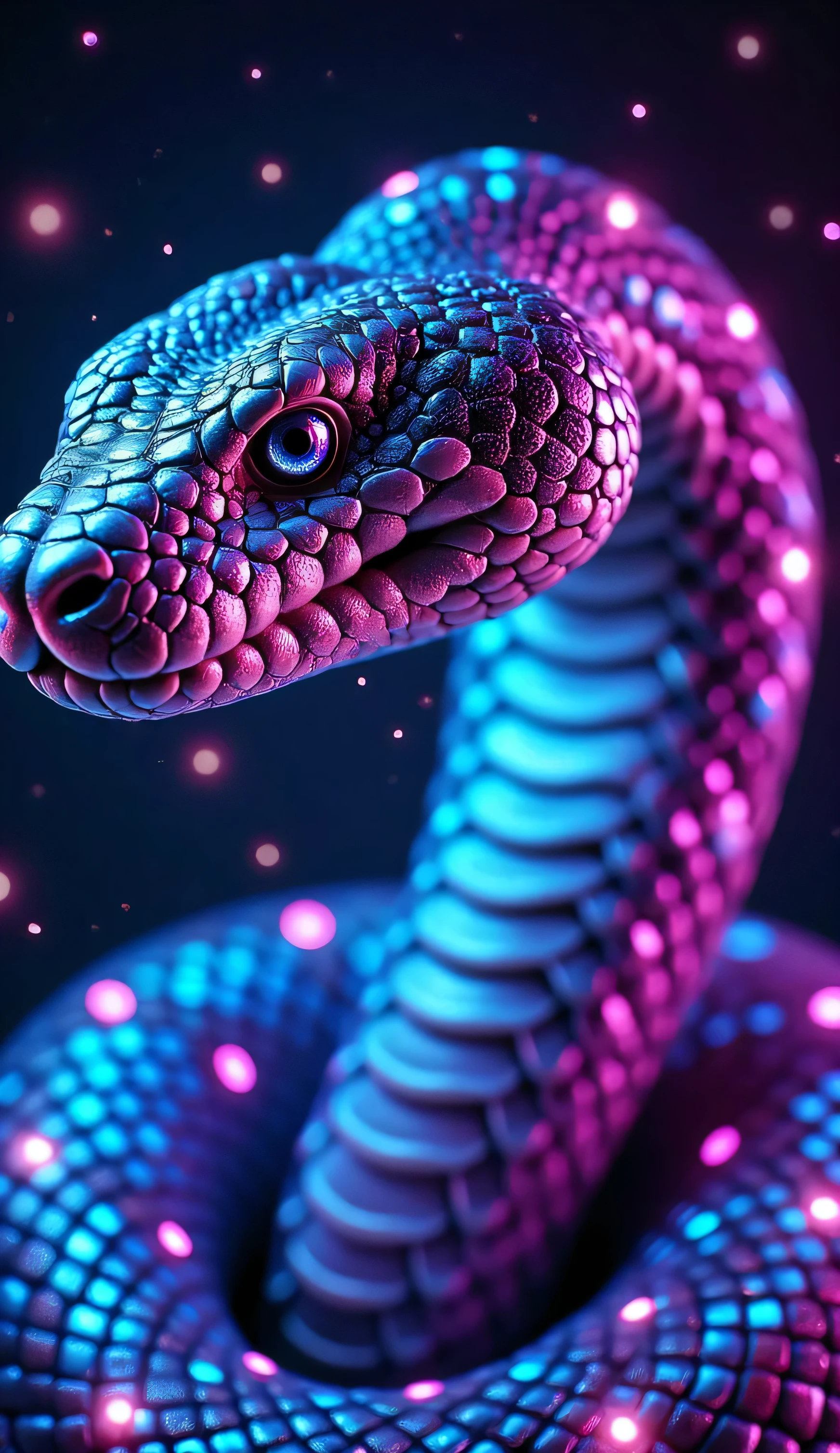 A close-up of a snake's body, illuminated by vibrant neon lights in colors like blue, pink, and purple. The蜿蜒彎曲的姿態 is accentuated by the dramatic lighting, creating a futuristic and artistic look. The scales reflect the neon glow, adding a mesmerizing texture. The background is dark, with subtle light trails to enhance the dynamic feel. Perfect for design projects, festive themes, and celebrating the Year of the Snake.