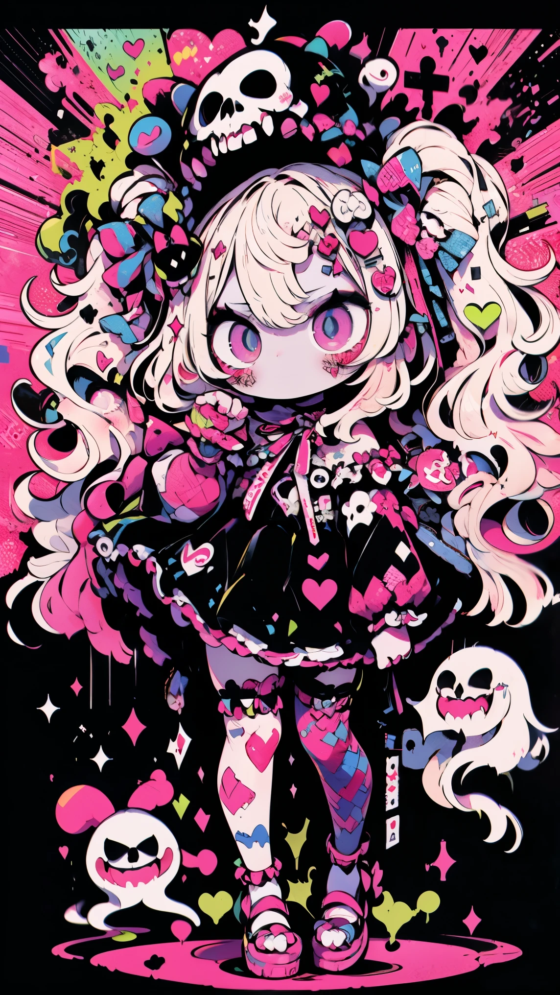 Cute Zombie, colored eyes, pink eyes, pink gold, (goth ta fashion), battle scene, scowl face, masterpiece, best quality, full body shot, ghosts, explosion, sparkle, lightning, fireworks, neonsign,