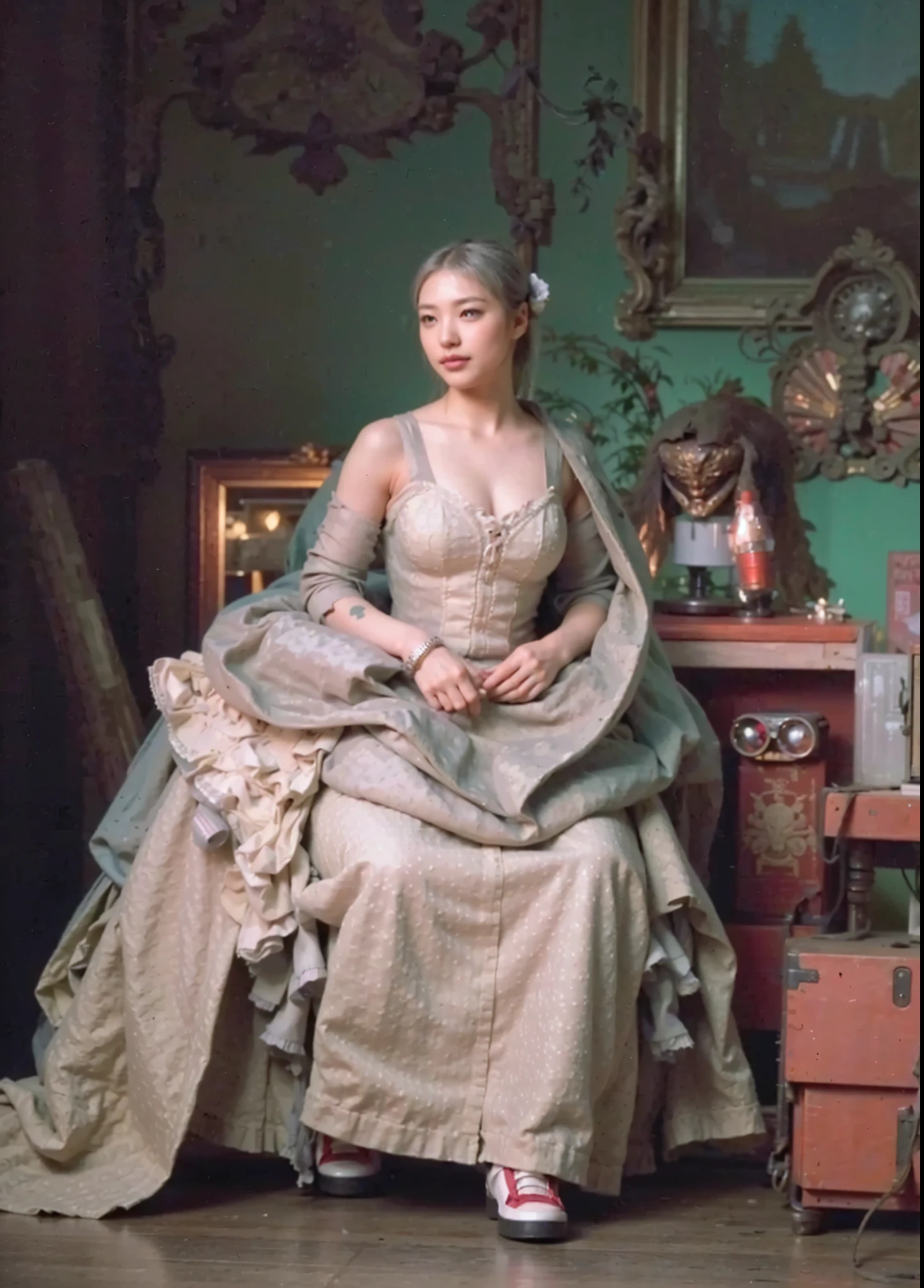 (Completely live action:1.37), (Amazingly realistic textures:1.37), (masterpiece, best quality:1.2), (8k uhd, 16k, 32k, ultra high res), amazingly realistic skin, amazingly realistic photo, superrealism, (photorealistic:1.37), (RAW photo), ultimately realistic, (ultimately realistic all details), (ultimately realistic all textures), super realistic lighting, super realistic shadow, (japanese girl:1.5), (realistic idol face), smiling, happy, super realistic face, ultimately realistic skin, ultimately realistic eyes, (mascara:1.35)ultimately realistic background, ultimately realistic detail up, (kkw-ph1:1.25), (GotouMaki:1.25), (Canon EOS R6, 85mm, 1/200s, f/5.6, ISO 1600), (tattoo), (mechanical armor:1.37), (blue eyes:1.2), (silver hair:1.3),