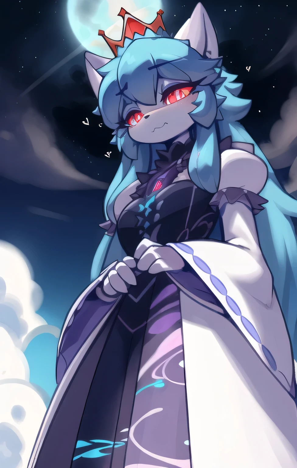  in,   best quality , Masterpiece、 Flashy Pastel Clothes、bad、 dark、 tall、 、crazy princess、 Cloudy Hairstyle 、Lord of Nightmares 、 cute、Female Furry、 Above the Clouds、 dark blue sky、star、 beckoning 、Red pupils