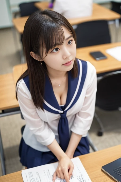 bangs,(Large Breasts:1.2),(Highest quality,masterpiece:1.2),One person,One person,alone,Fair skin,8k,Ultra-high resolution,Super detailed,Highest quality,Look down at the viewer,Perfect lighting,flat light,super high quality,Ultra-high resolution,masterpiece,Realistic,Detailed face,Perfect Anatomy,School,school uniform、Various gravure poses、Slender body、Young face、smile、Sweating、Flushed Cheeks、whole body、完璧なブレザーのschool uniformを着てください、Beautiful feet、Baby Face、round face、Please sit down for physical education