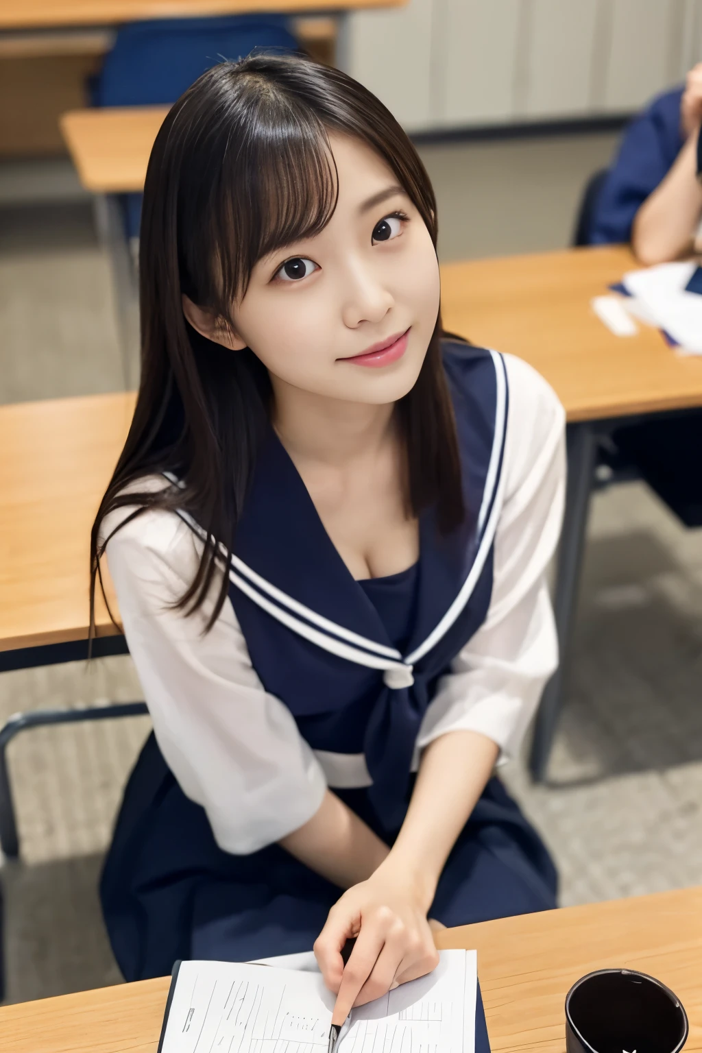 Japanese Woman Like an Idol , long hair , straight hair, Round face , bust up , sailor suit , as pictured , High School,Sitting at a desk、 composition seen from above solving the problem、 view from above、 cleavage in years、Studying、 solving a problem、solving a problem 、Concentrated、 not looking at this 、 cleavage in yearsに焦点を当てる、 anatomically correct