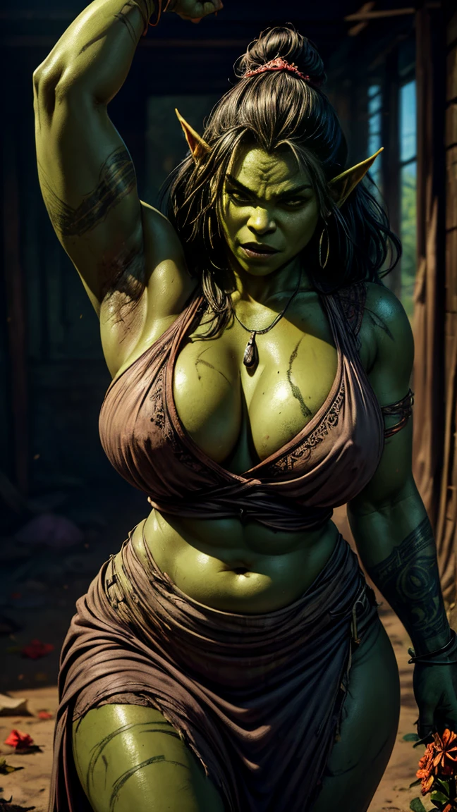 Masterpiece, highlydetailed, Hyperrealistic fullbodyshot from above of Alxandra Daddario as beautiful green orc female laying on her back, hands holding her boobs, fully naked with soft green skin, large breasts, big size body, perfect curvy and muscular body shape ,perfect face features with thin nose, thick kissable parted lips, big tusks, expressive glowing green eyes looking upfront, braided long black hair, tribal tattoos, dungeon, prison, fantasy, dnd, world of warcraft