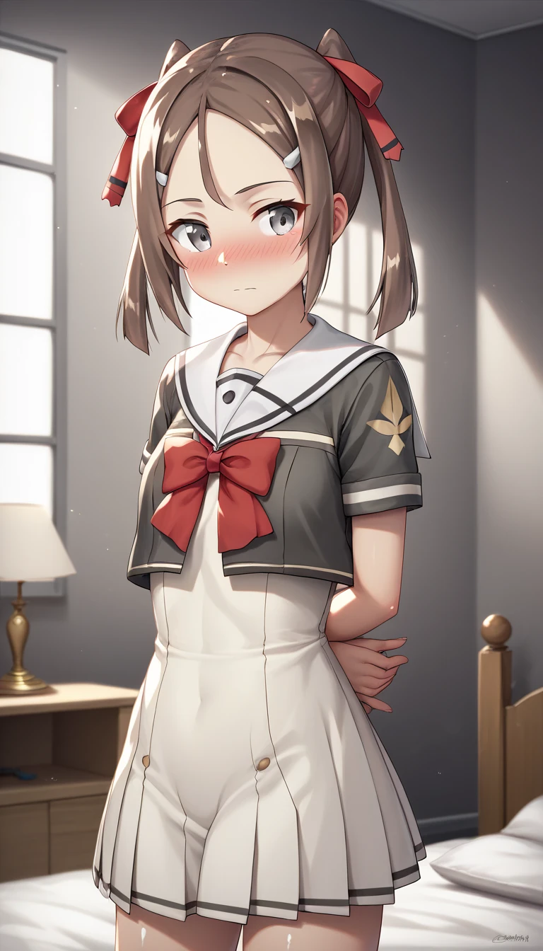 aamiyu, short hair, black hair, beret, white headwear, hair ornament, brown eyes, small breasts, school uniform, white sailor collar, red ribbon, white shirt, short sleeves, pleated skirt, black skirt, black thighhighs