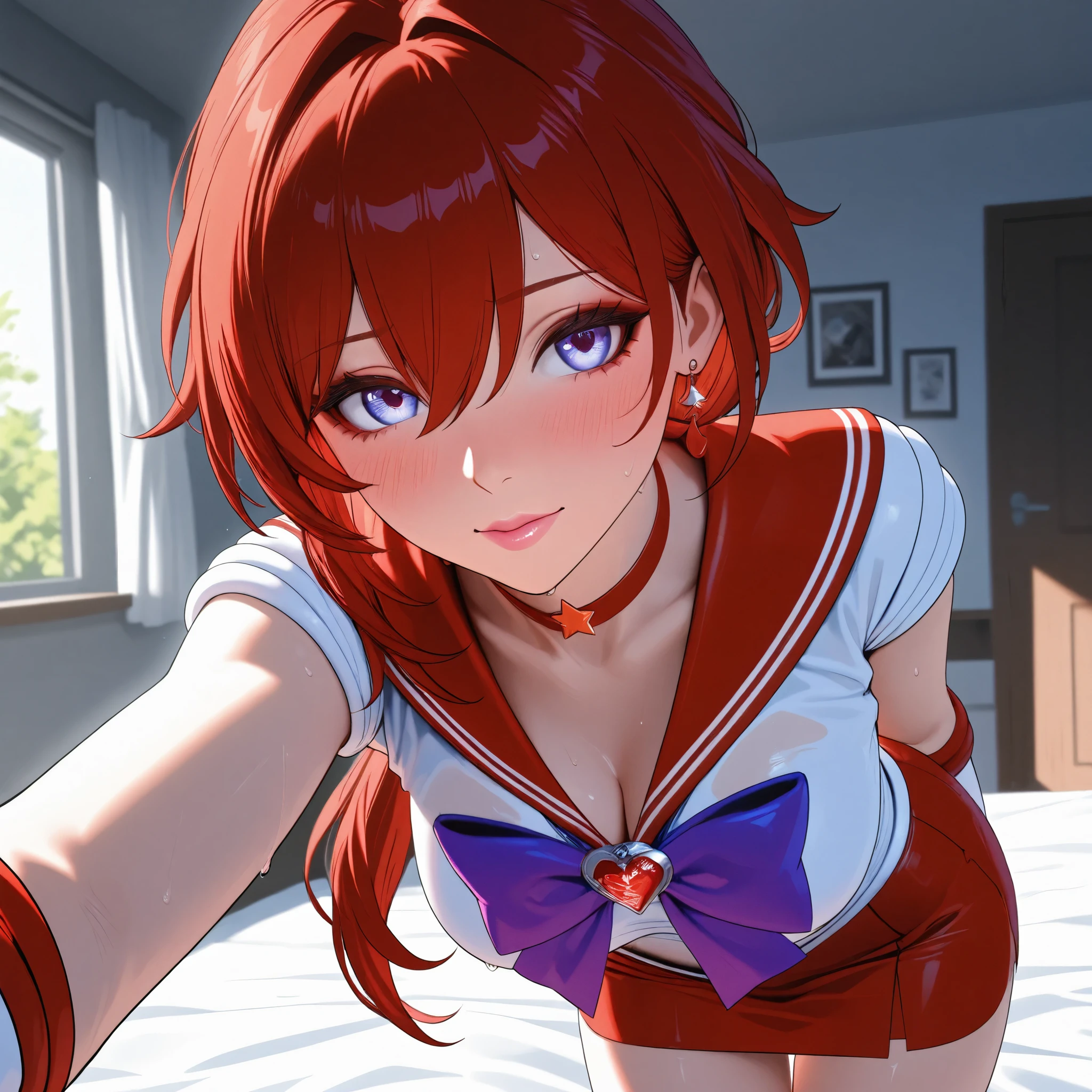 score_9, score_8_up, score_7_up, score_6_up, score_5_up, (masterpiece, detailed:1.2), best quality, retina, super detailed, 3d rendering, UHD, 4k, accurate, realistic, dynamic, (textured skin), (detailed face), delicate, high resolution, anatomically correct, himeko(honkai: star rail), (sailor mars cosplay), red pencil skirt, choker, low ponytail, makeup, red eyelash, pink lips, erotic, (blush), cute, adorable, romantic, charming, sexy, lovely, enchanting, attractive, gentle, (sweat), [wet], hot, embarassed pose, cowboy shot, Kitch_PDXL