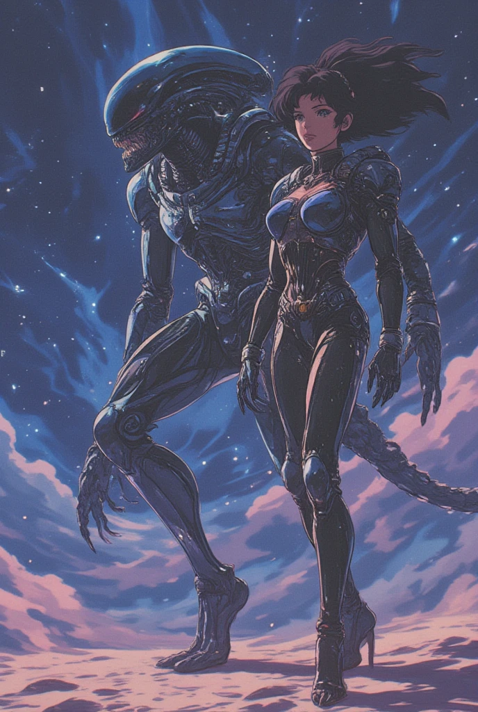 alien landscape with giant monsters, the foreground, a sexy girl with slender hips, medium breasts, in a tight jumpsuit, long flowing hair, cleavage, brightly colored monsters, tentacled beasts, dinosaurs