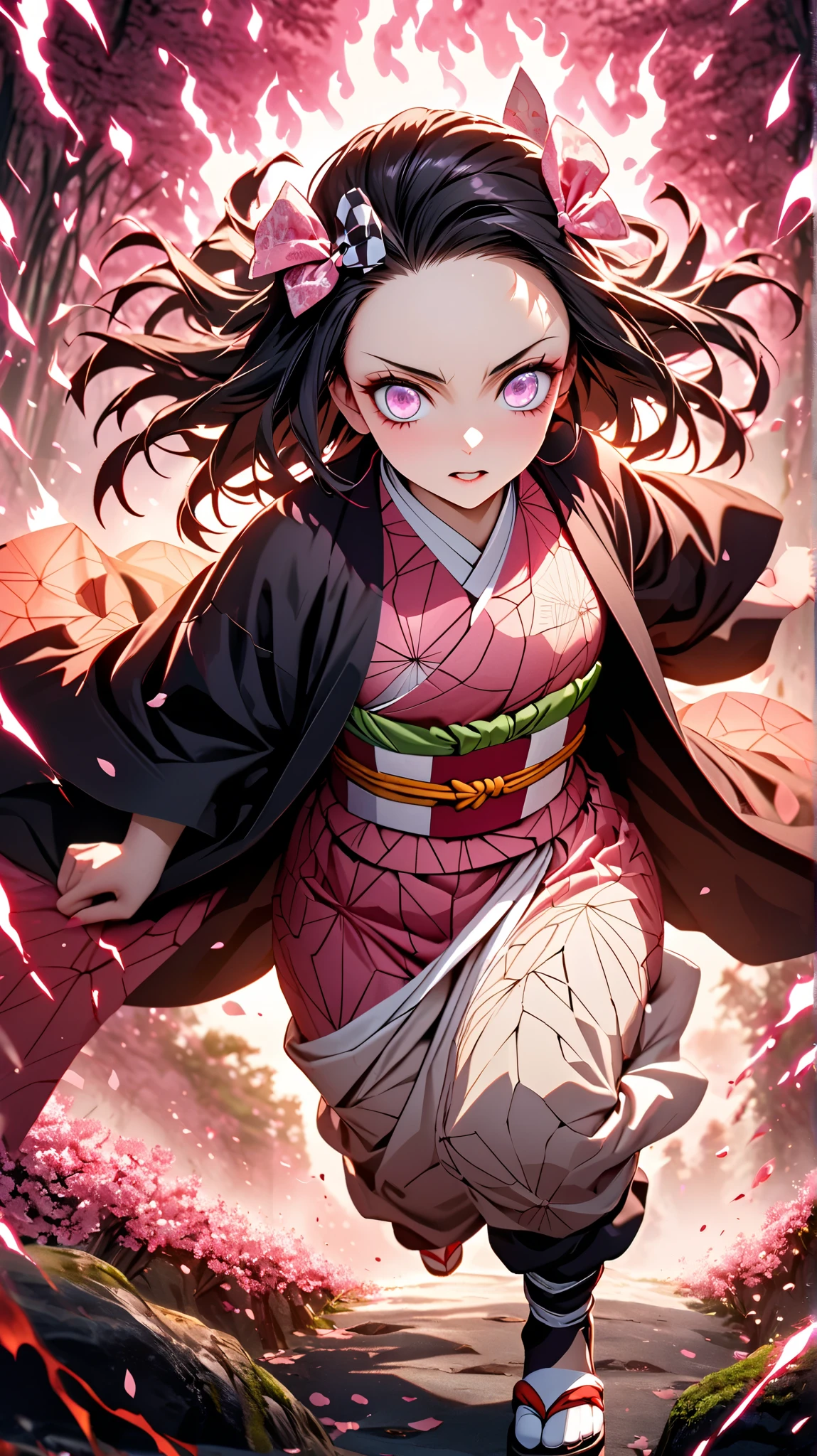 symmetrical,absurd, highres, ultra detailed , HDR, masterpiece , extremely detailed face and purple eyes, Nezuko Kamado, Kimetsu no Yaiba, Alone, woman, handsome , epic battle scene , glowing glitter , , Flame effect , flame aura effect , artfully detailed, upper body , 1Girl, Hitonetsuko, pink Kimono, Haori, sandals , checkered ribbon , hair bow, Pink eyes, background with cherry blossoms and forest,