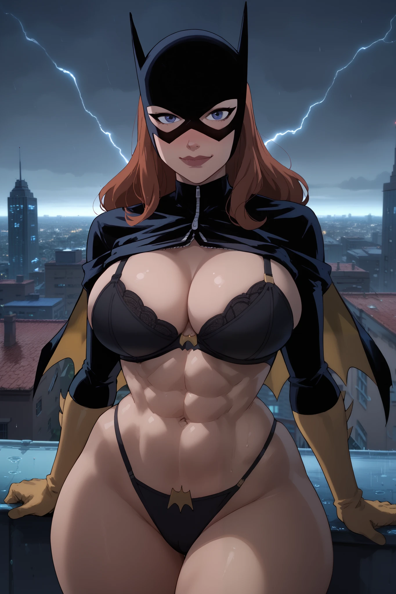 Female, solo, venusbody, wide hips, huge breasts, batgirl, rooftop, rain, lightning, batgirl , smirk, (blush), shirt lift, black bra, abs, toned body,