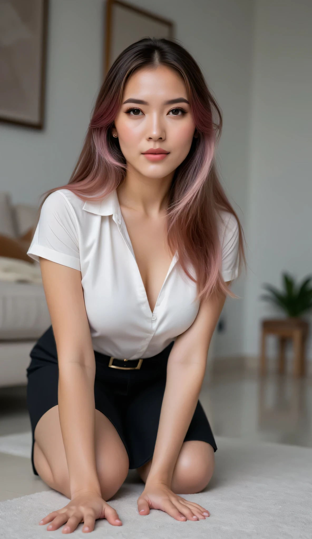 (Aora69:1.9) Clear image,Very detailed image,Long-range view, Beautiful white Asian girl secretary with long black curly hair crawling on all fours,White short-sleeved shirt,Very short skirt,Black pencil skirt ,Black back belt,Shiny black high heels,Seductive face,Pinkish white skin,Sharp eyes,Beautiful smile,Double eyelids,Beautiful under eye bags,Lips full of gloss , CUP M, big breasts, big breastsเกินจริง, big breastsโตมโหฬาร,Perfect body,Convex Nipples, curvy hourglass figure, well-defined proportions, and a slim waist, large busty, sexy wide hips, long hair styled in ash blonde with soft pastel pink highlights (blonde-pink balayage)