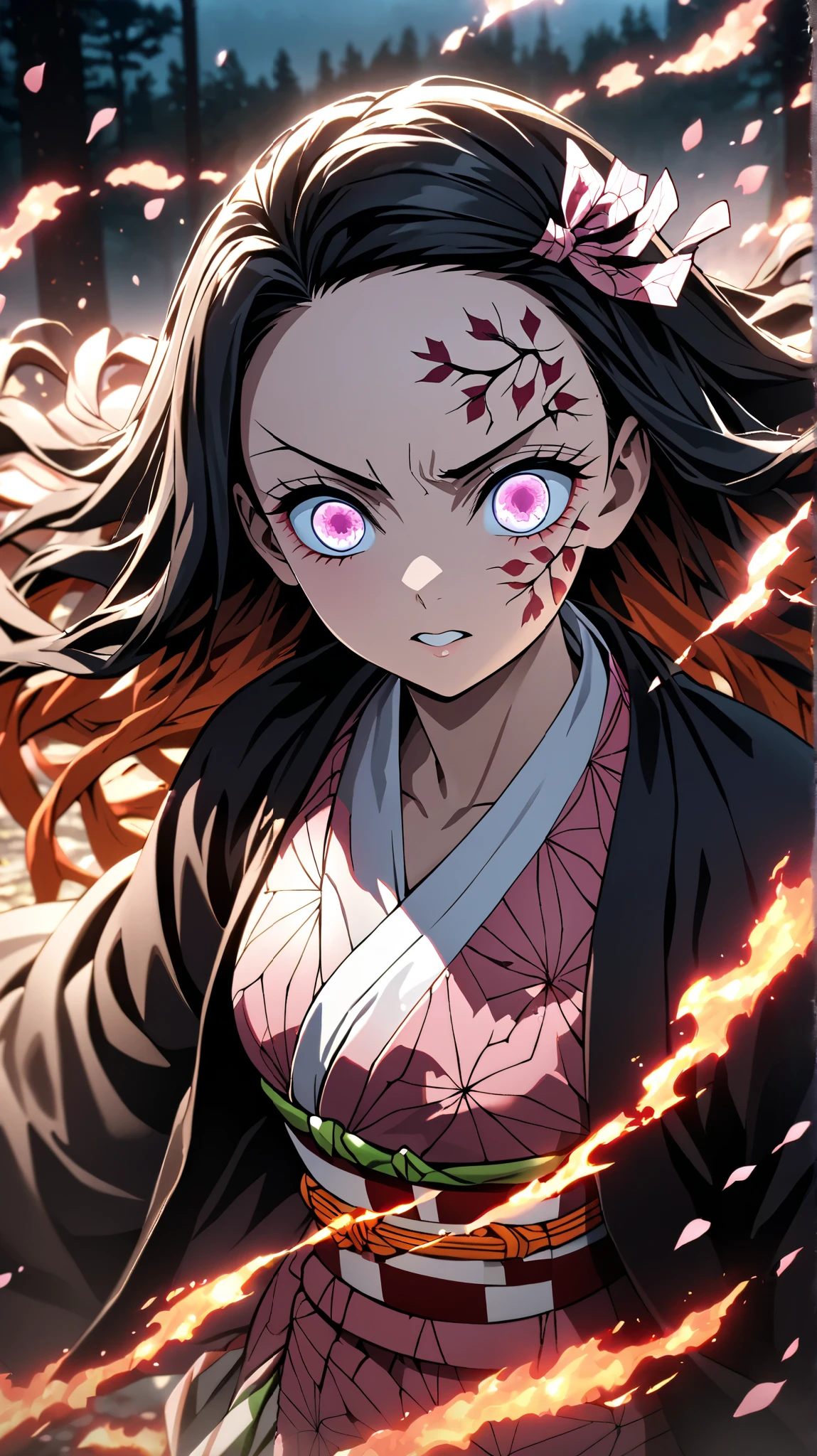 symmetrical,absurd, highres, ultra detailed , HDR, masterpiece , extremely detailed face and purple eyes, Nezuko Kamado, Kimetsu no Yaiba, Alone, woman, handsome , epic battle scene , glowing glitter , , Flame effect , flame aura effect , artfully detailed, upper body , 1Girl, Hitonetsuko, pink Kimono, Haori, sandals , checkered ribbon , hair bow, Pink eyes, background with cherry blossoms and forest,